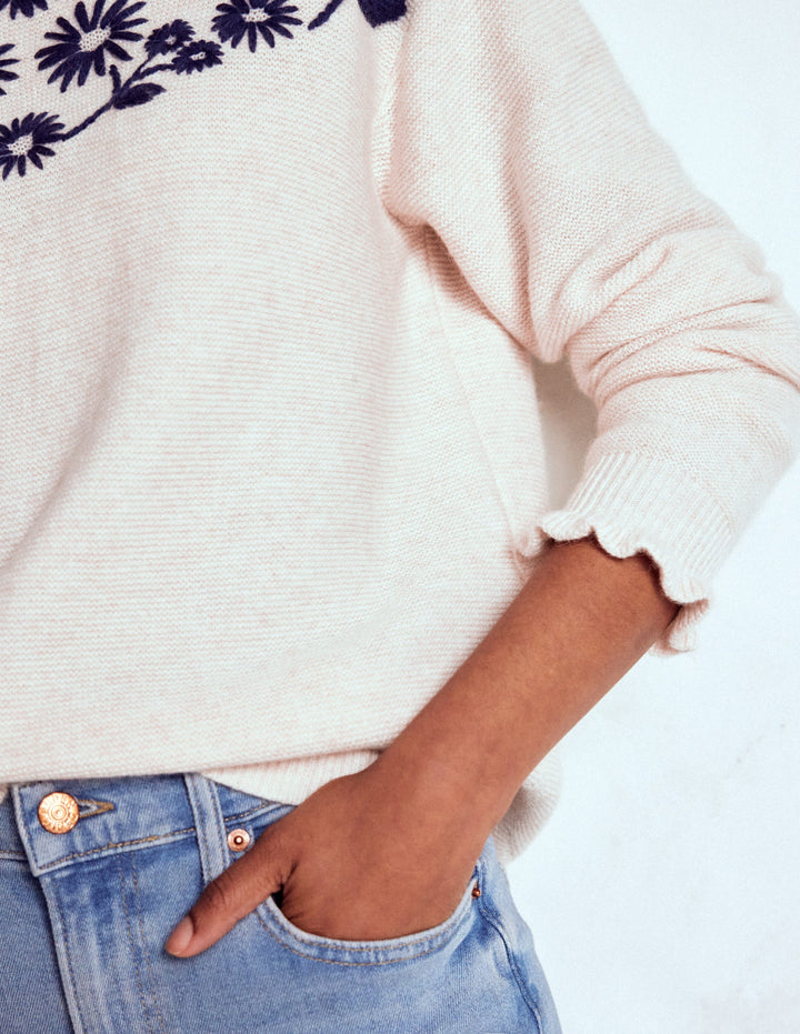 Embroidered Frill Sweater-Warm Ivory