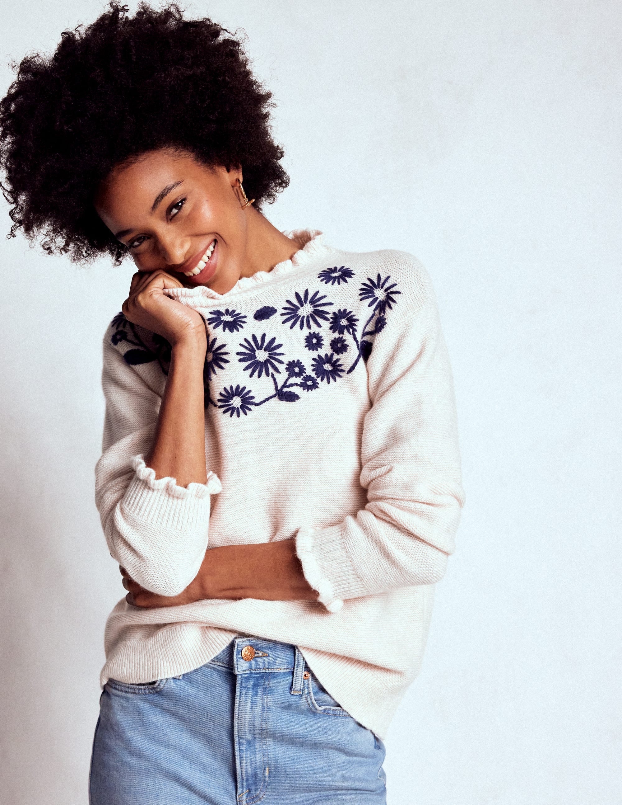 Embroidered Frill Sweater-Warm Ivory - Image 3
