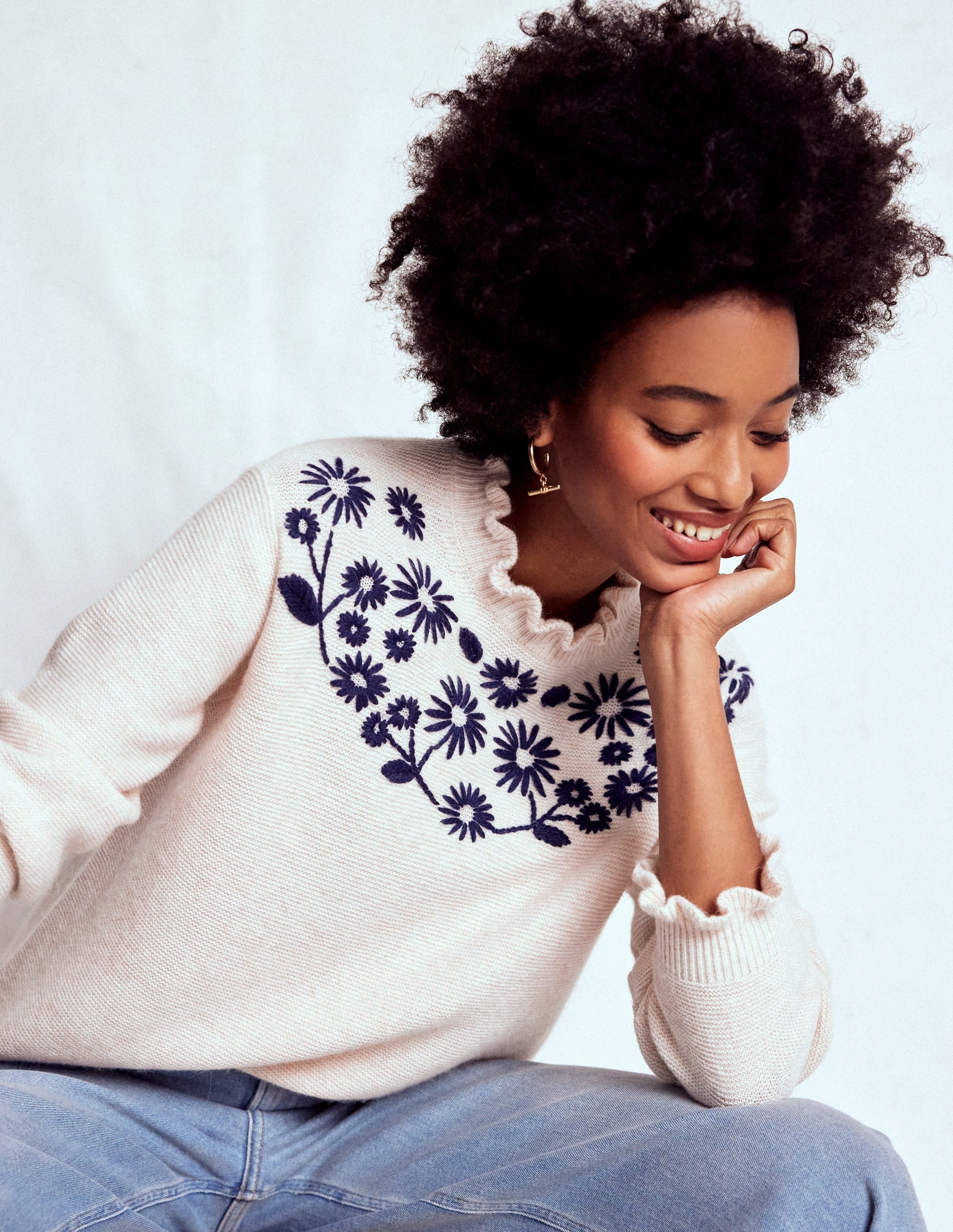 Embroidered Frill Sweater-Warm Ivory - Image 4