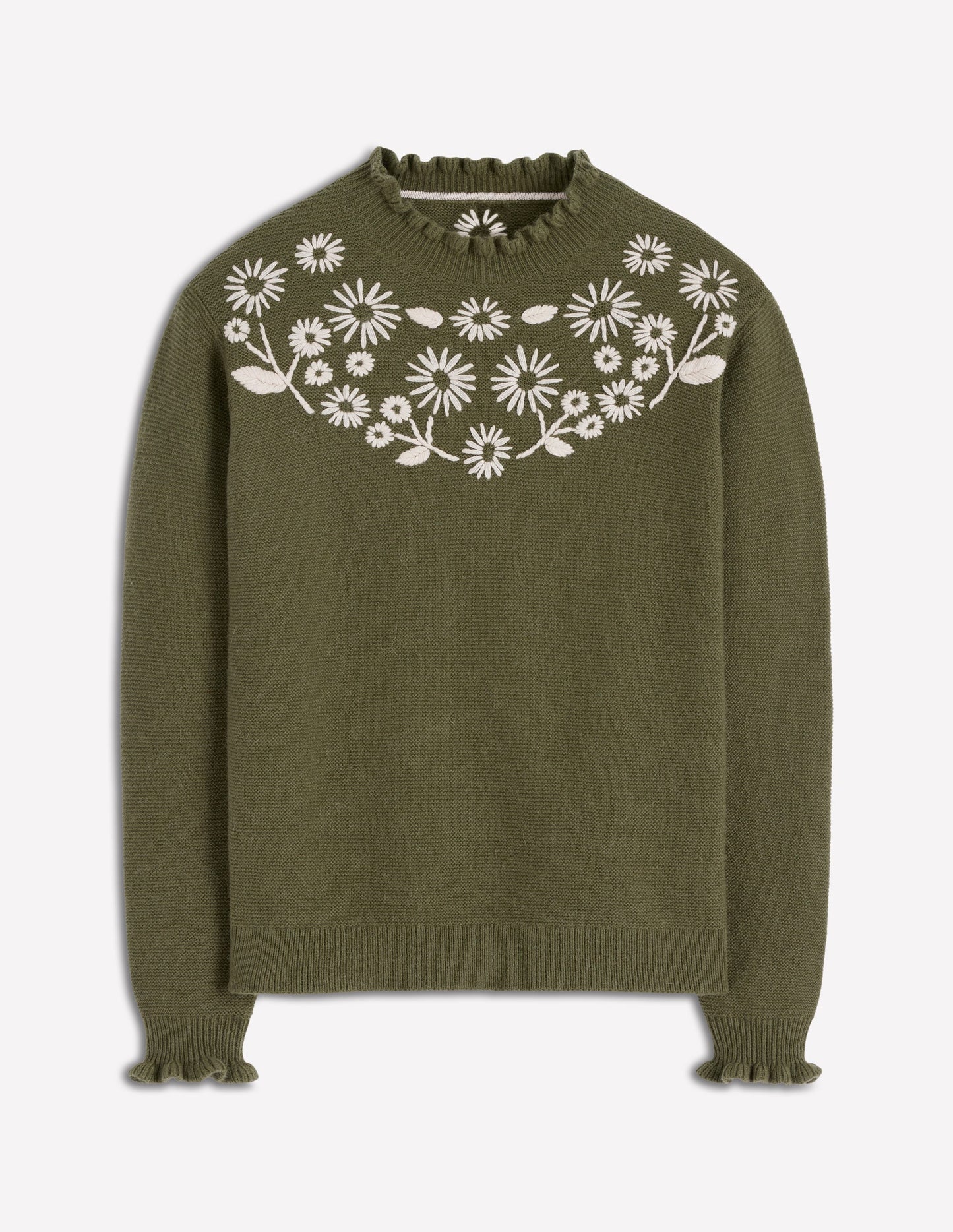 Embroidered Frill Sweater-Woodland Green Melange