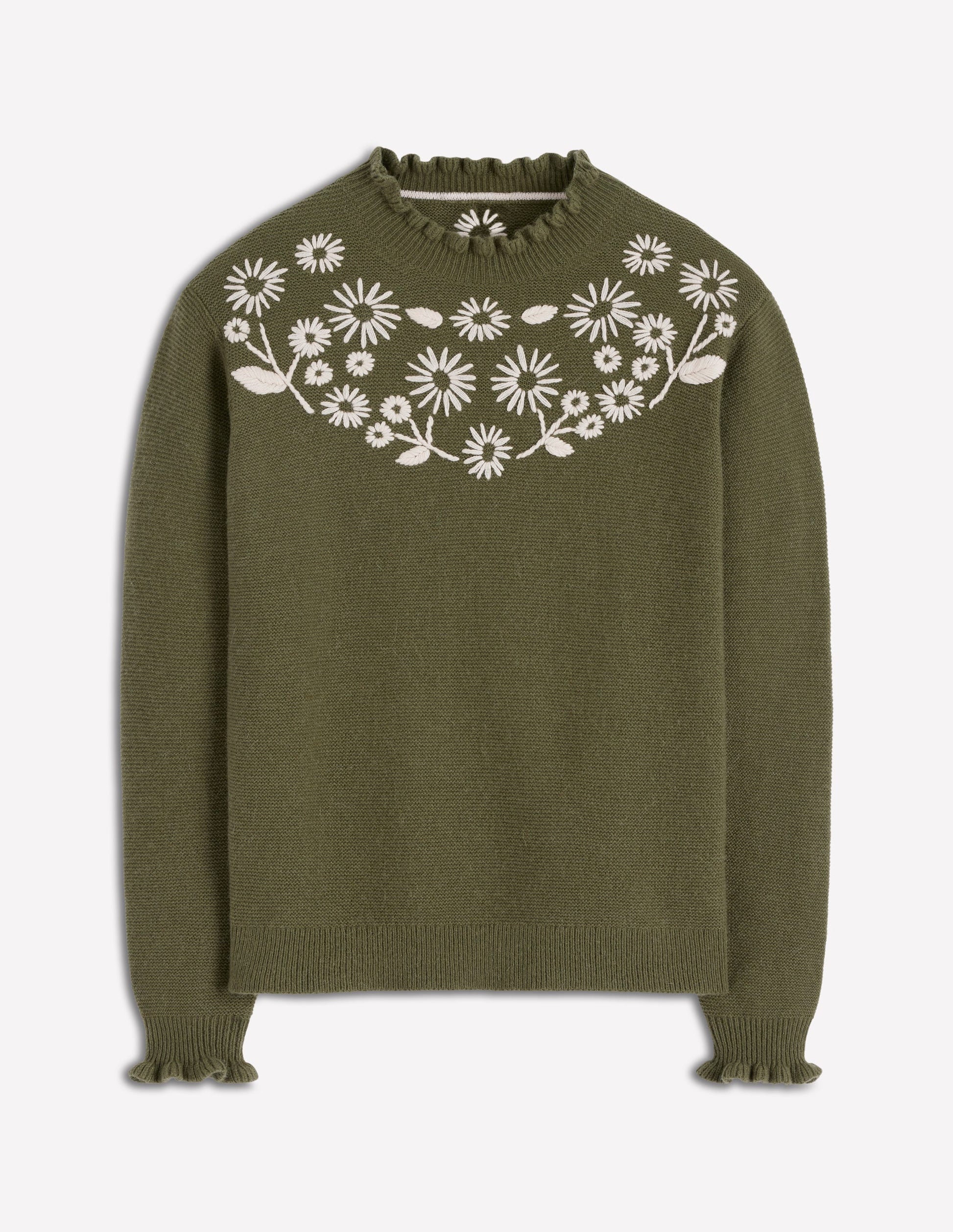 Embroidered Frill Sweater-Woodland Green Melange-6