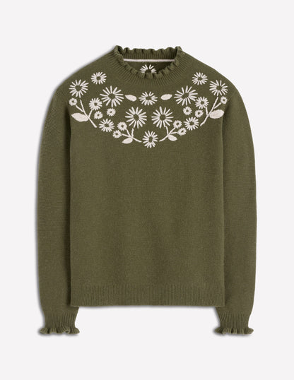 Embroidered Frill Sweater-Woodland Green Melange-6