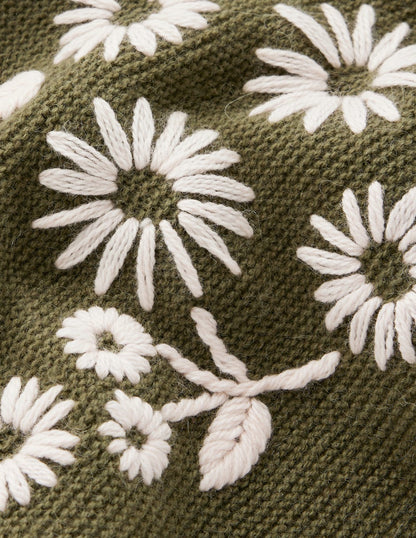 Embroidered Frill Sweater-Woodland Green Melange-7