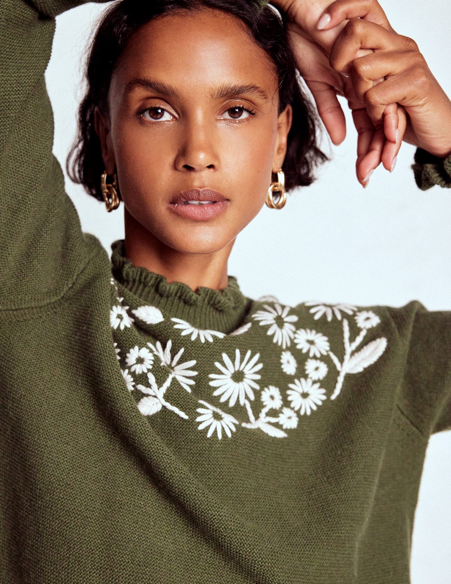 Embroidered Frill Sweater-Woodland Green Melange