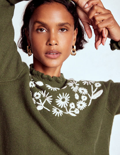 Embroidered Frill Sweater-Woodland Green Melange-1