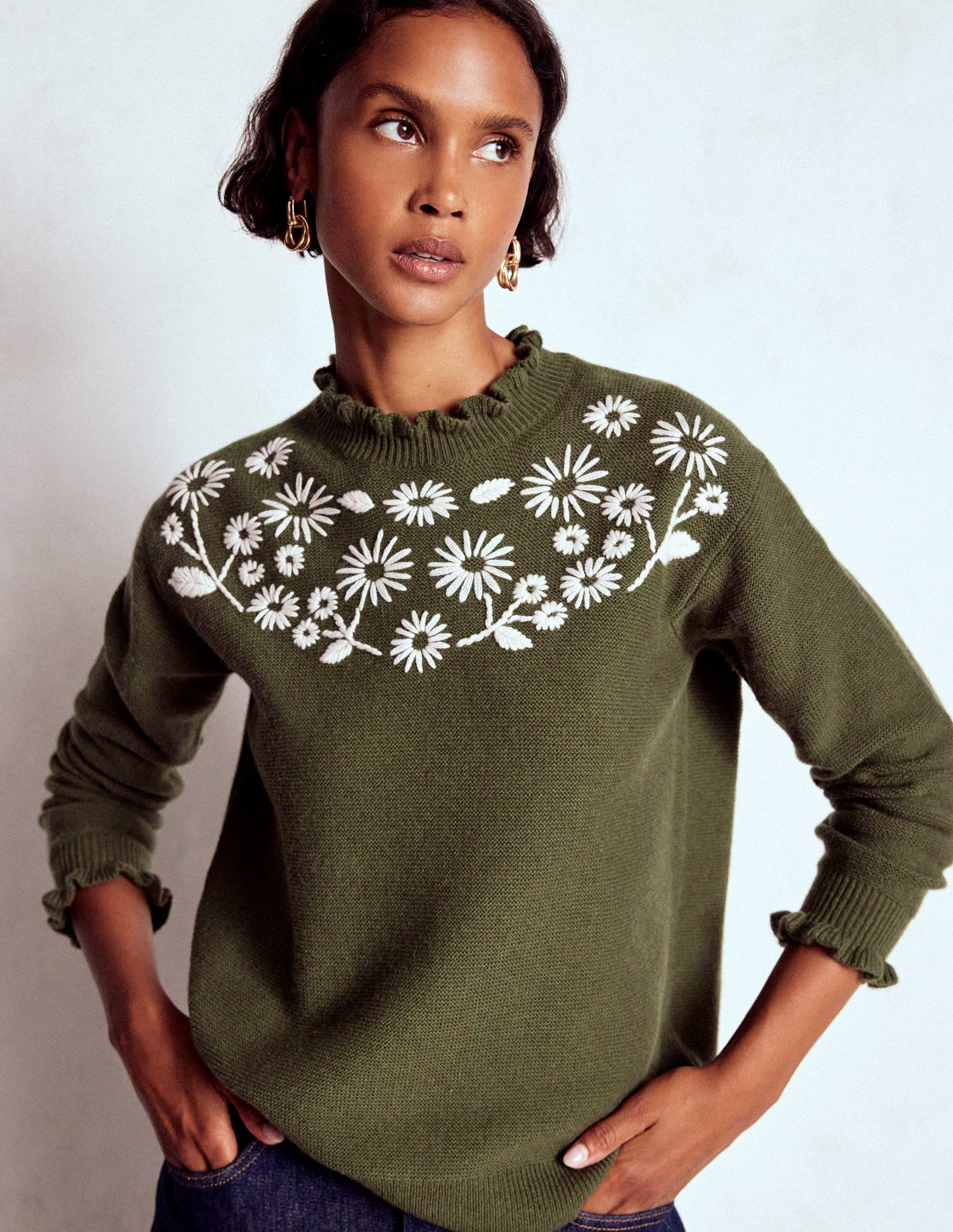 Embroidered Frill Sweater-Woodland Green Melange