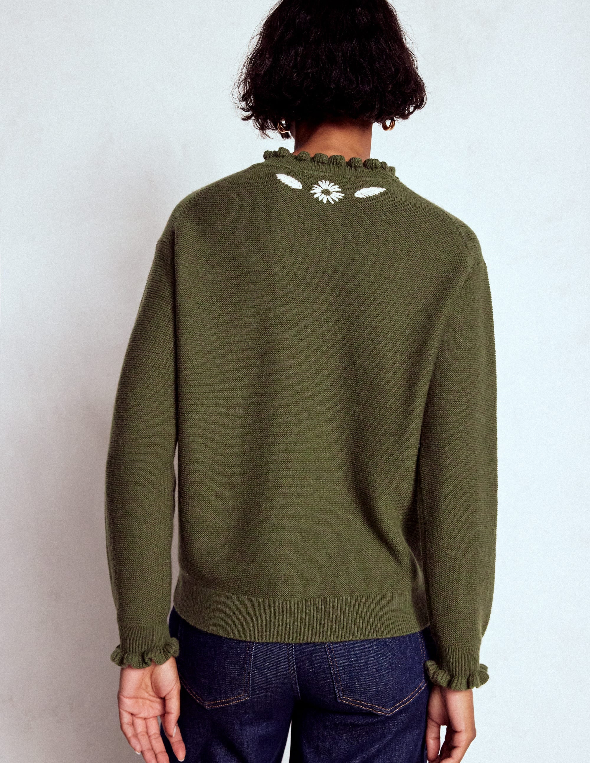 Embroidered Frill Sweater-Woodland Green Melange | Boden USA