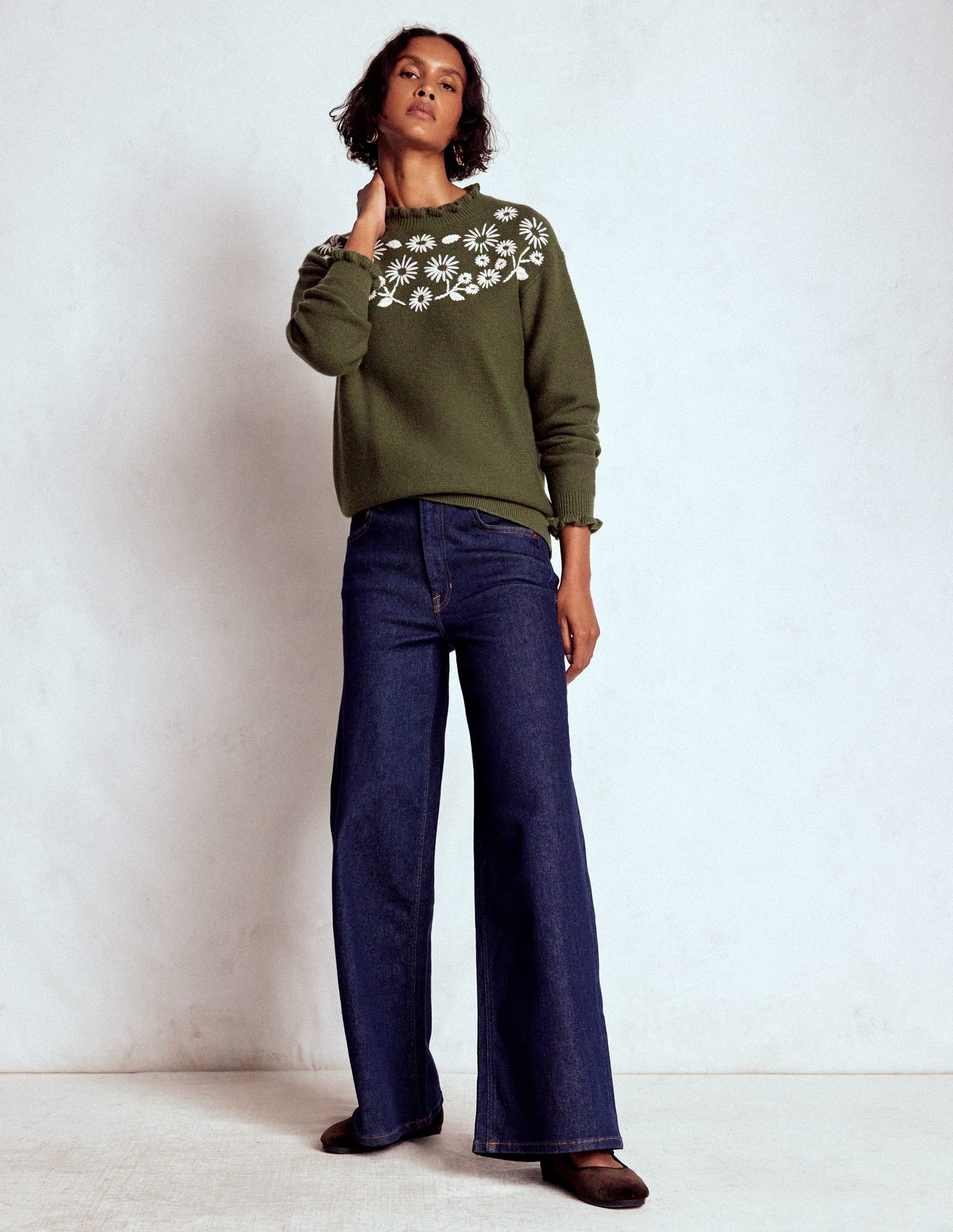 Embroidered Frill Sweater-Woodland Green Melange