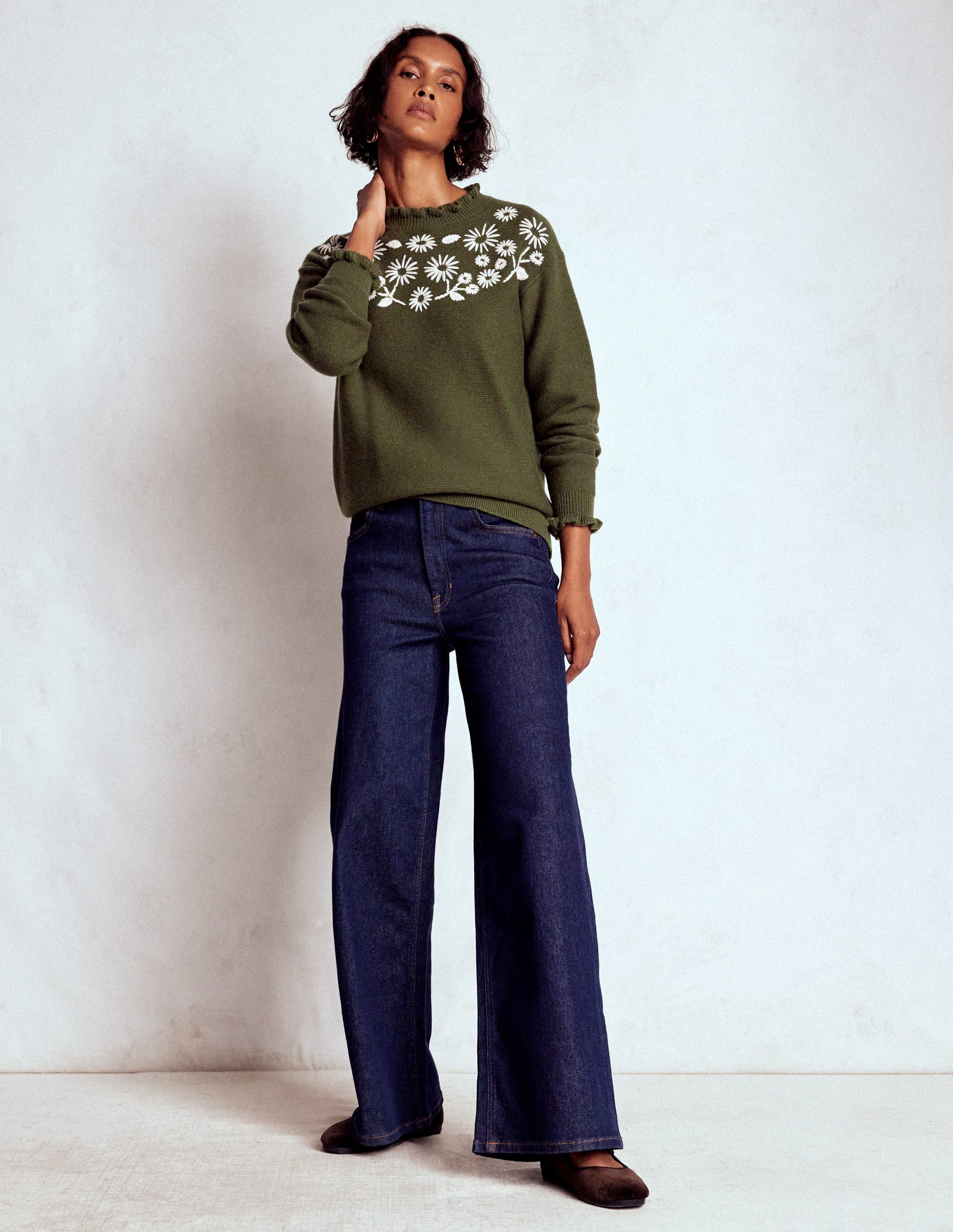 Embroidered Frill Sweater-Woodland Green Melange-4