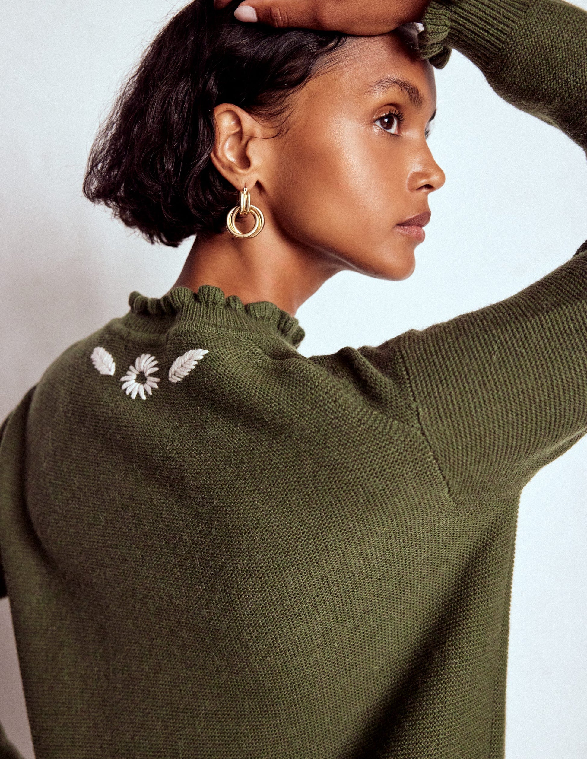Embroidered Frill Sweater-Woodland Green Melange-5