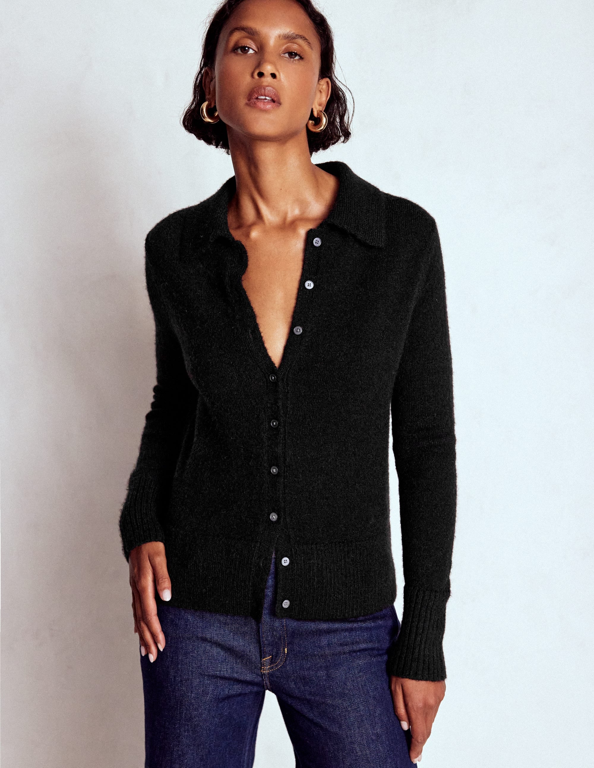 Collared Tie Front Cardigan-Black - Image 4
