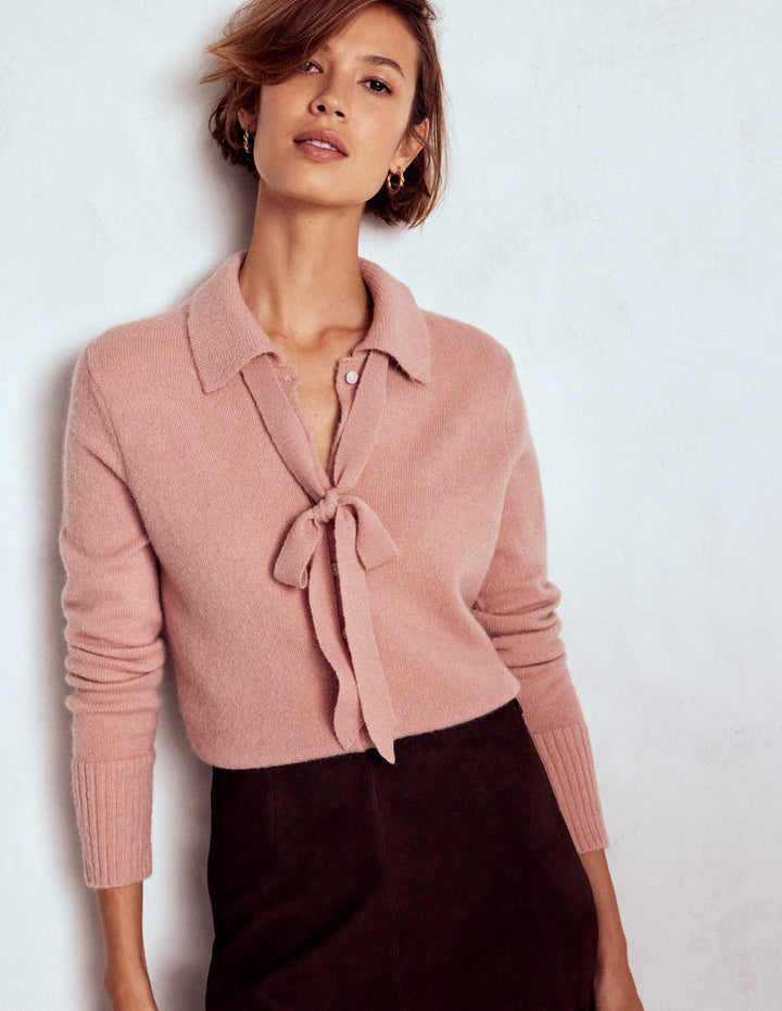 Collared Tie Front Cardigan-Misty Rose Pink