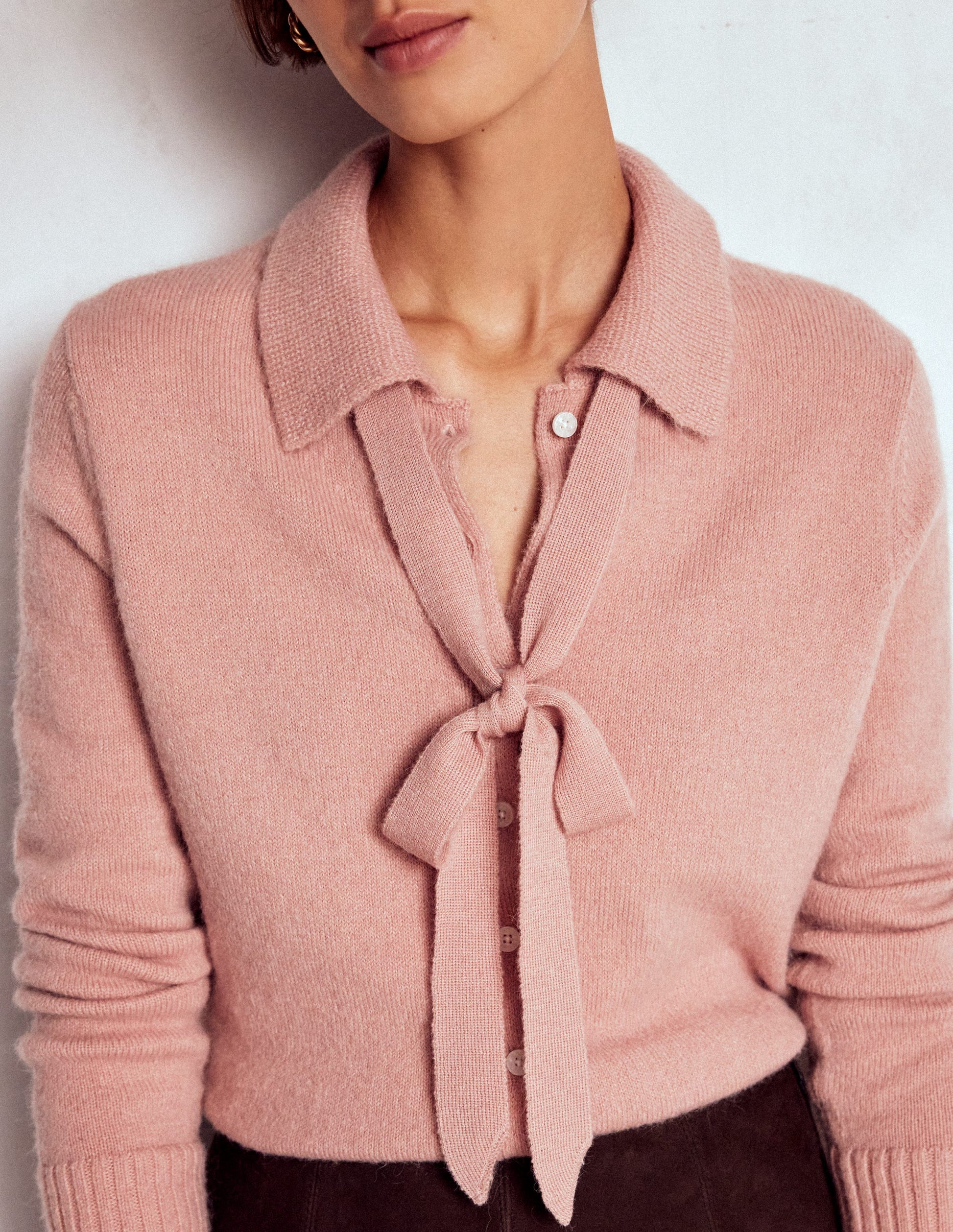 Collared Tie Front Cardigan-Misty Rose Pink-2