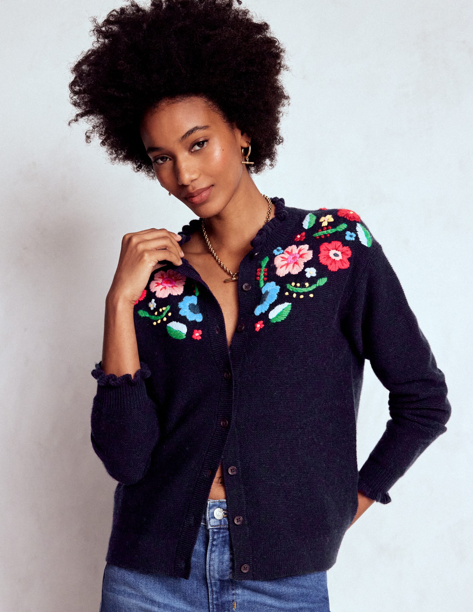 Embroidered Frill Cardigan-Navy - Image 1