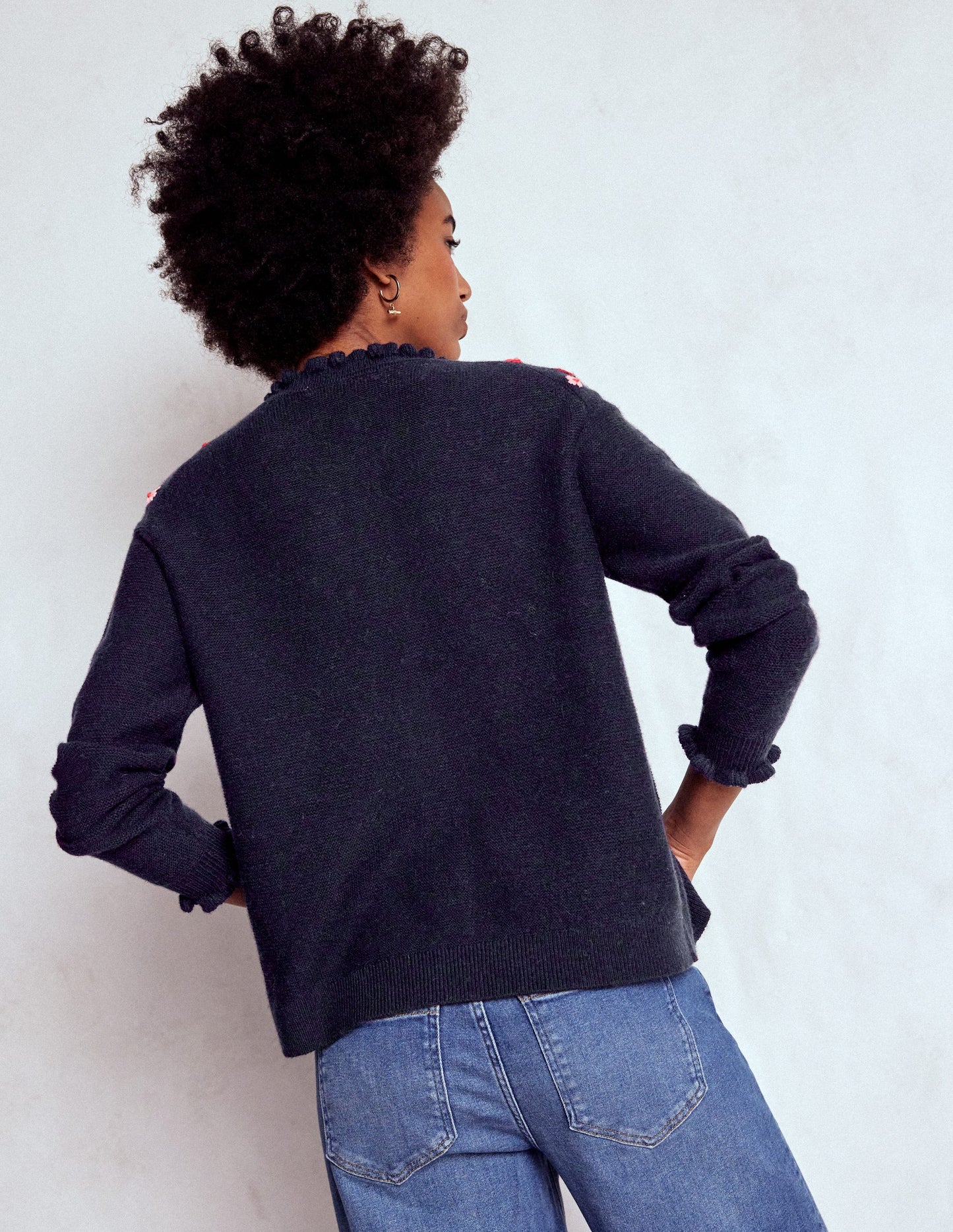 Embroidered Frill Cardigan-Navy