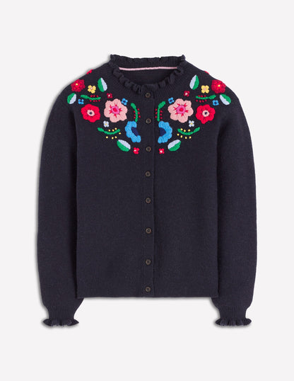 Embroidered Frill Cardigan-Navy-6