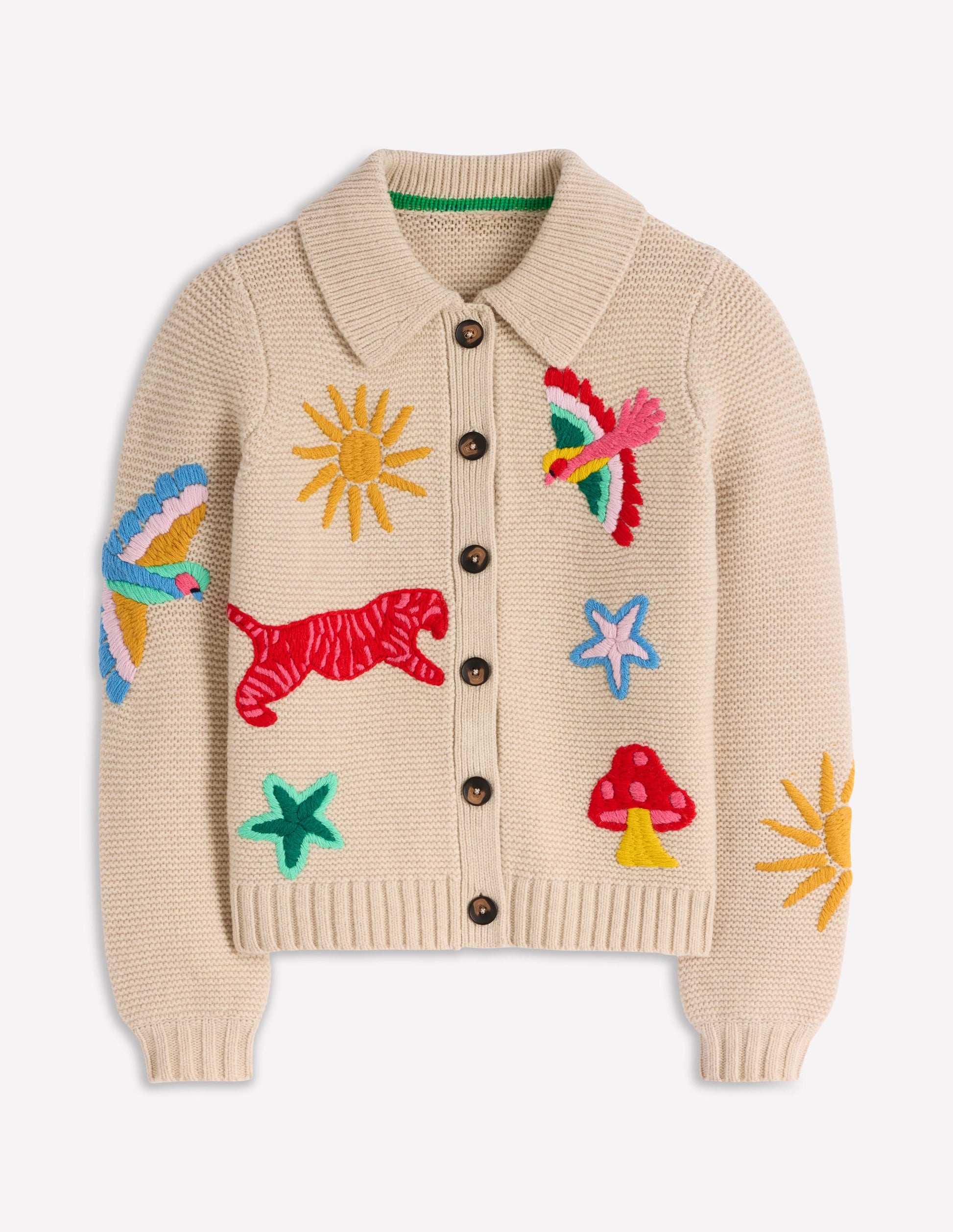 Embroidered Collared Cardigan-Ecru Marl-7