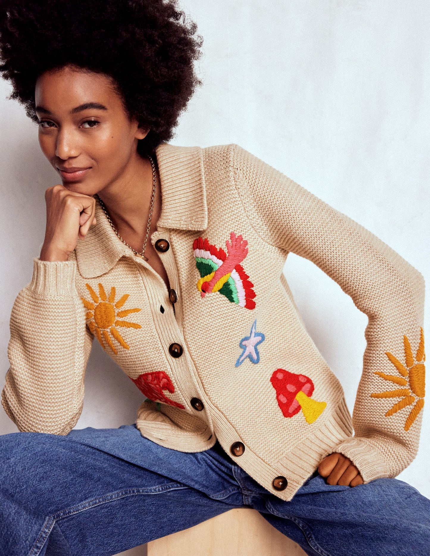 Embroidered Collared Cardigan-Ecru Marl