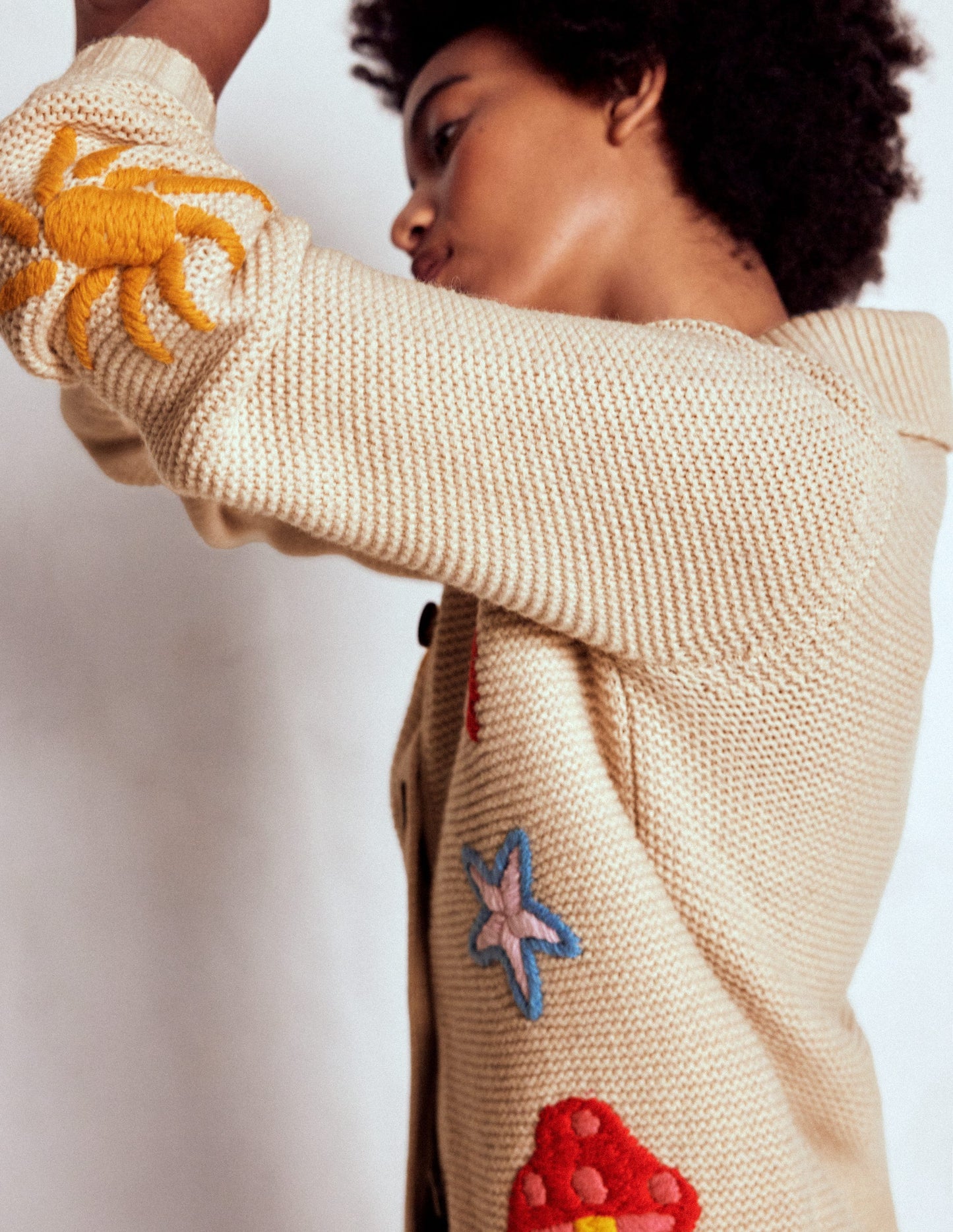 Embroidered Collared Cardigan-Ecru Marl