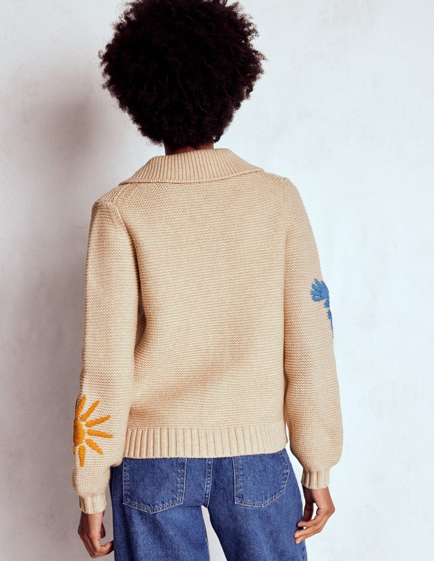 Embroidered Collared Cardigan-Ecru Marl