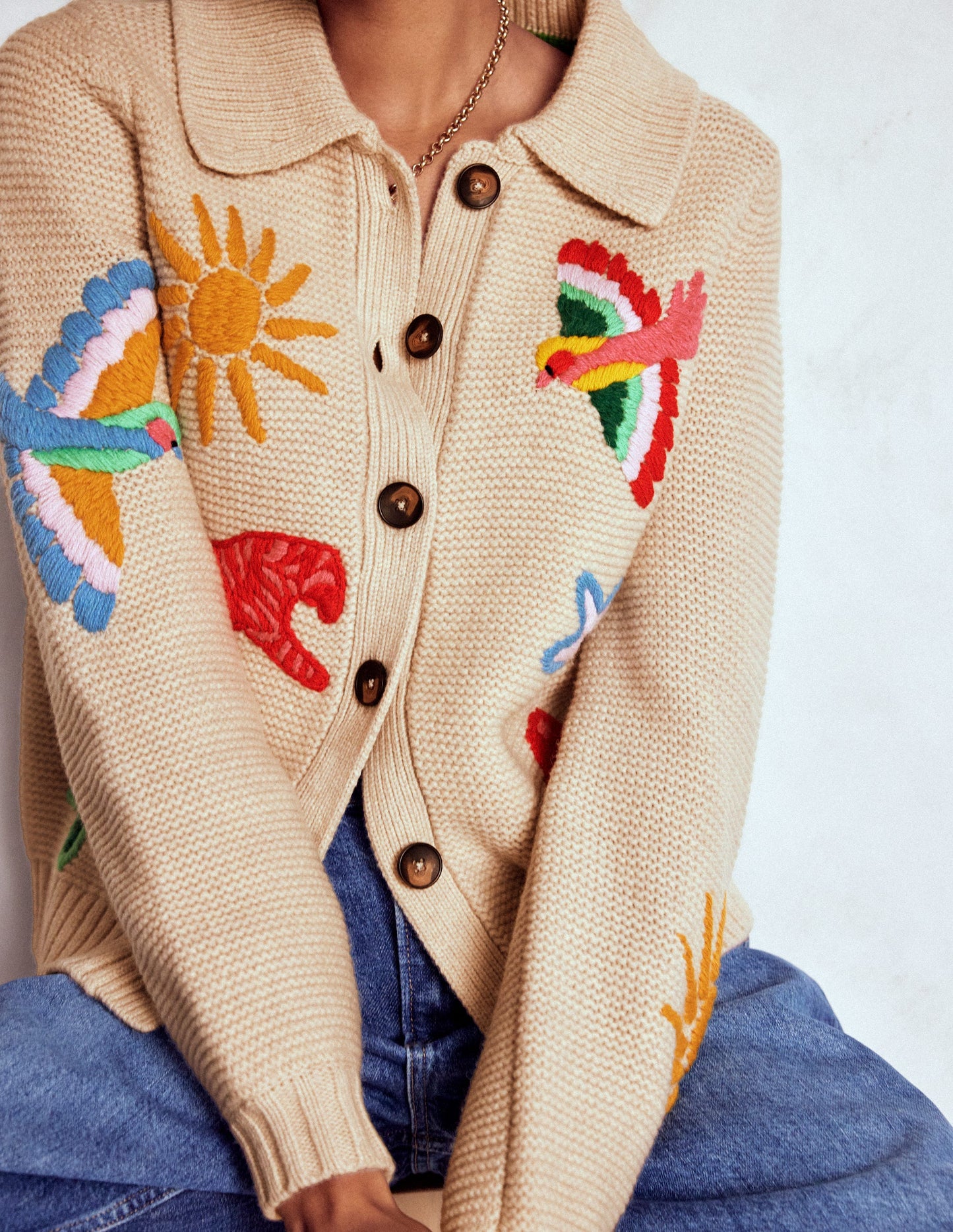Embroidered Collared Cardigan-Ecru Marl