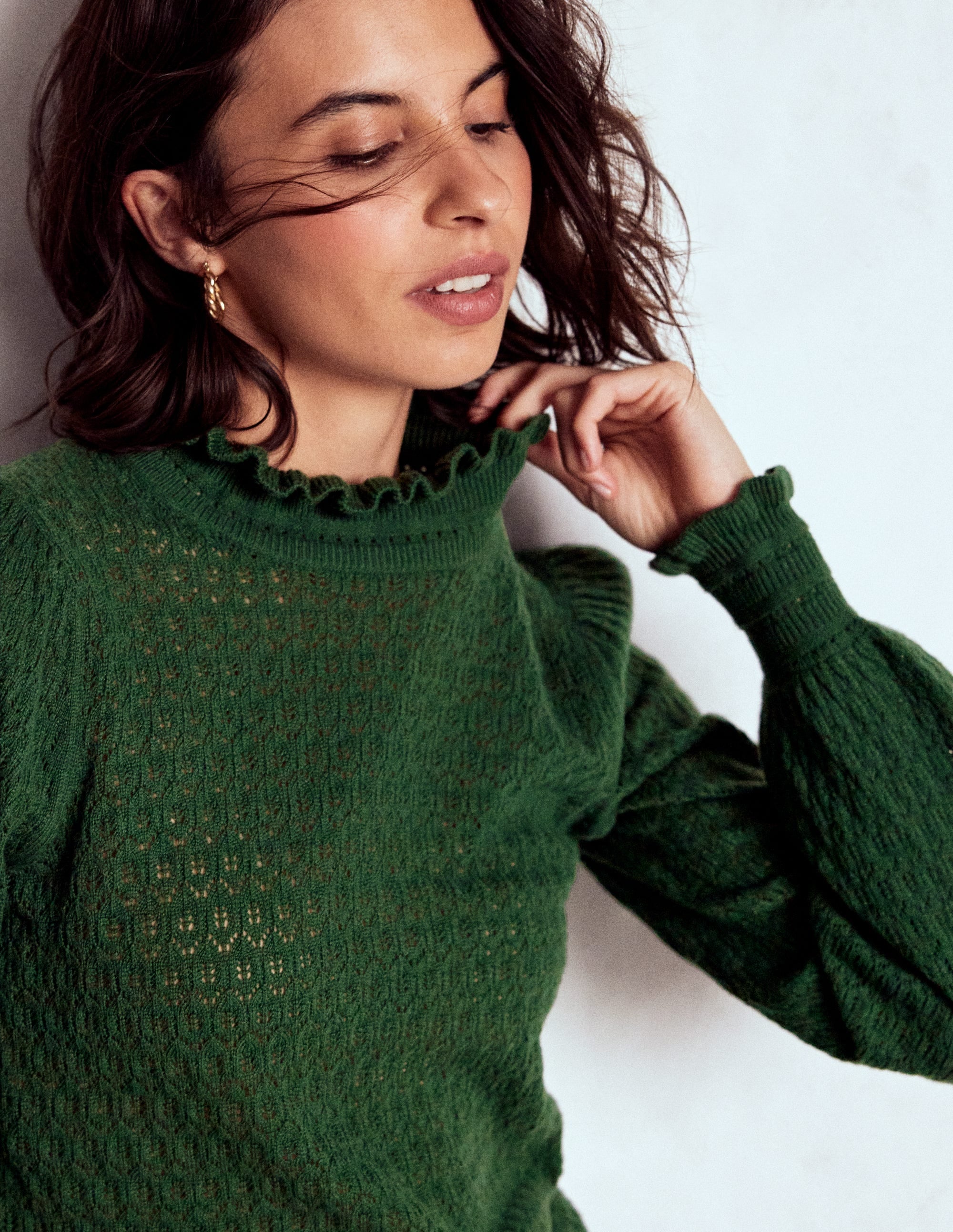 Pointelle Ruffle Sweater-Hunter Green - Image 1