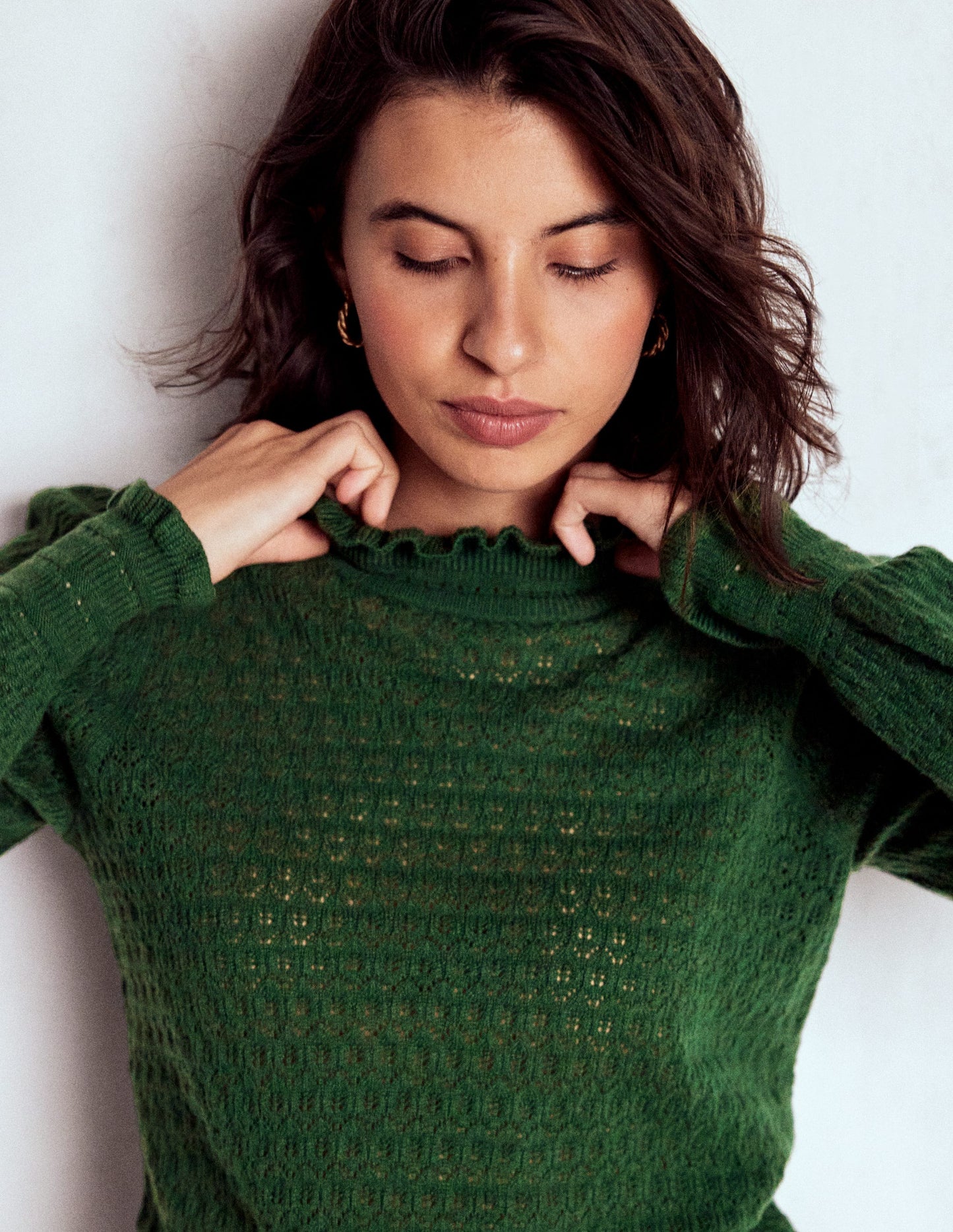 Pointelle Ruffle Sweater-Hunter Green