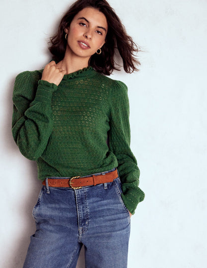 Pointelle Ruffle Sweater-Hunter Green-4