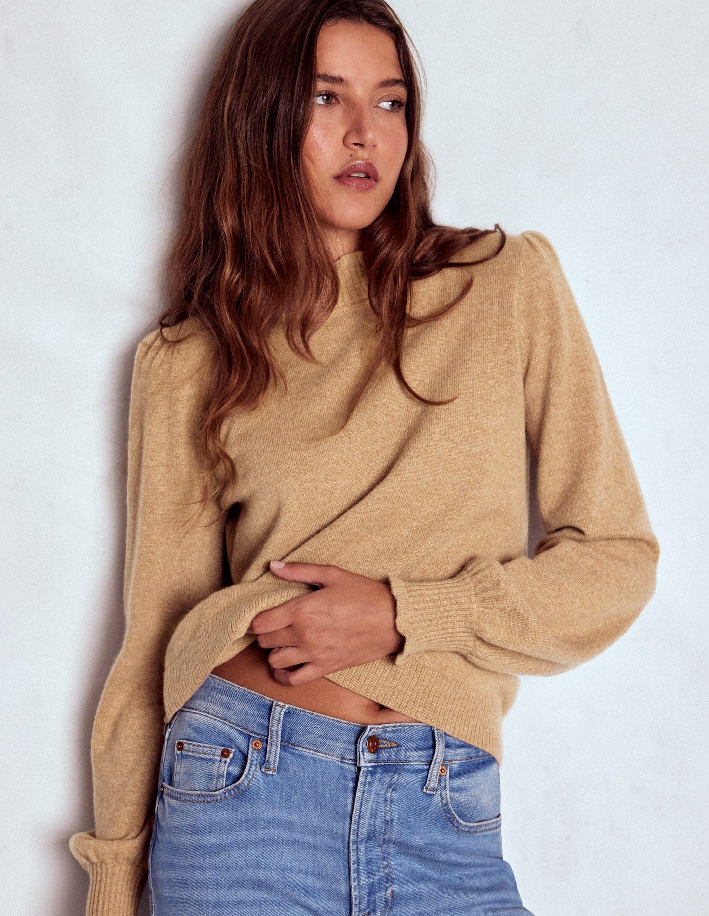 Frill Trim Cashmere Sweater-Camel Melange