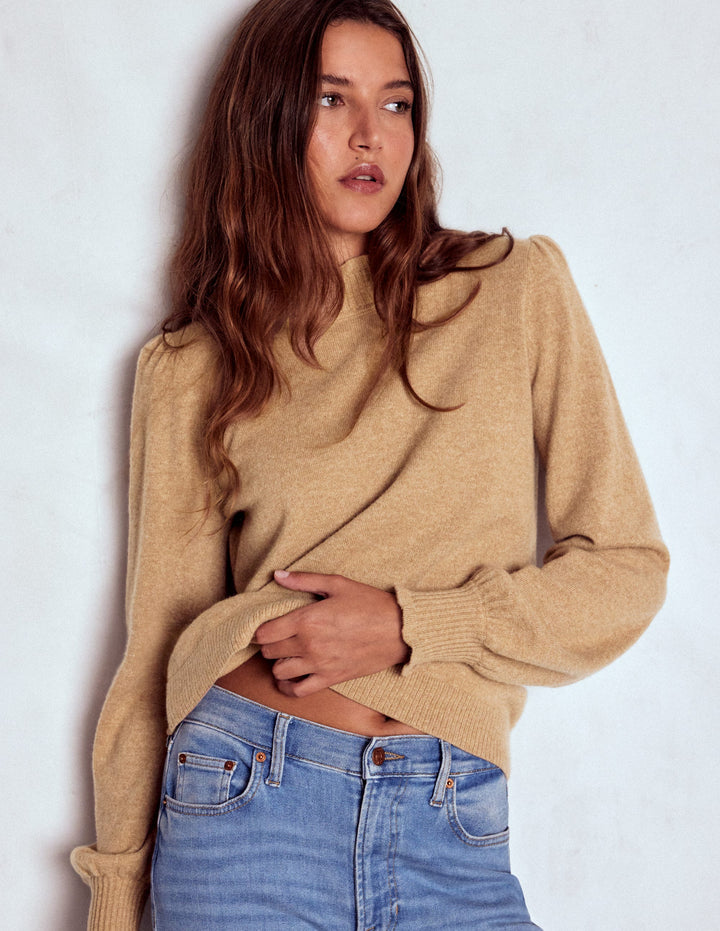 Frill Trim Cashmere Sweater-Camel Melange