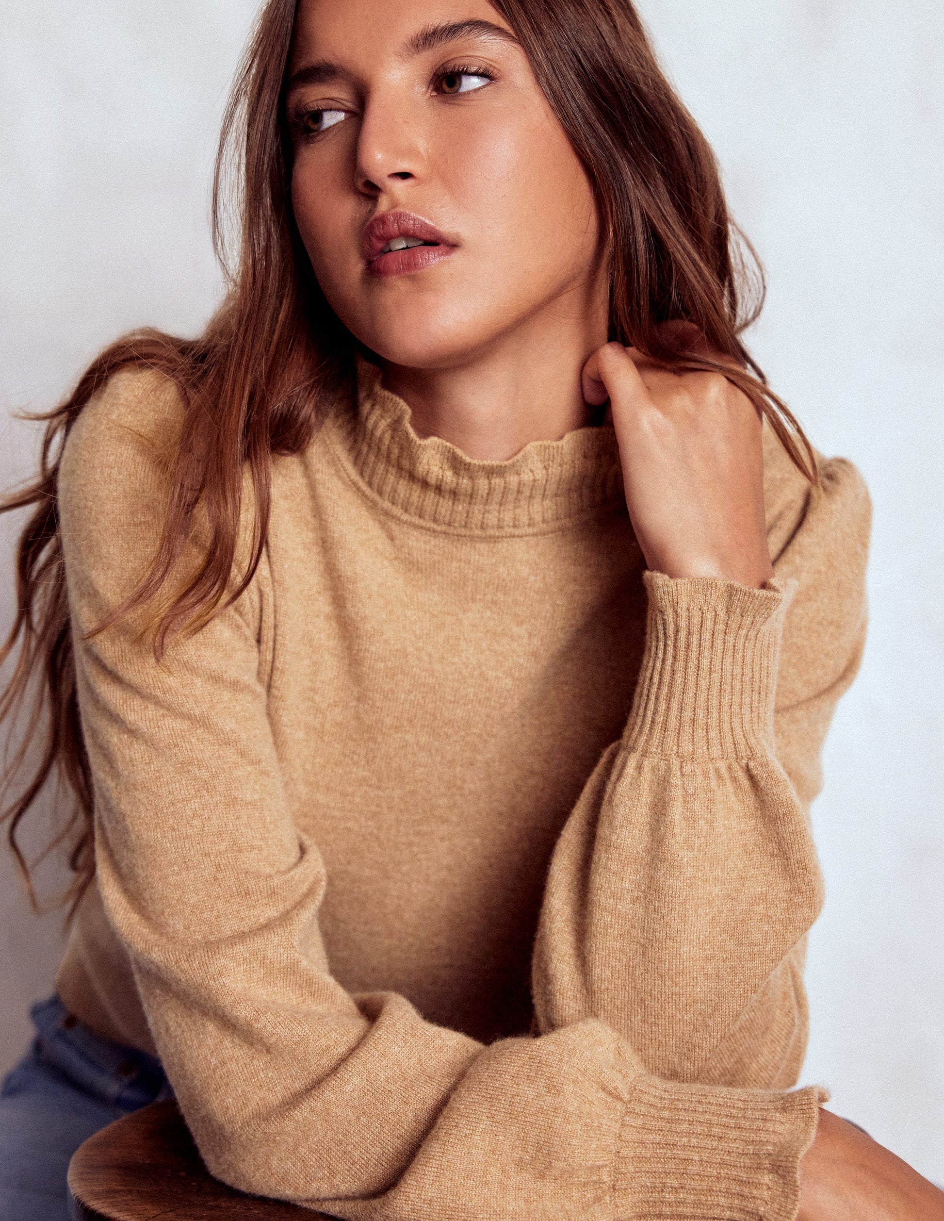 Frill Trim Cashmere Sweater-Camel Melange-2