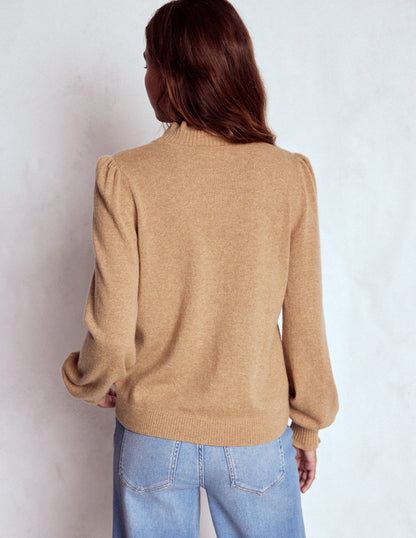 Frill Trim Cashmere Sweater-Camel Melange-3