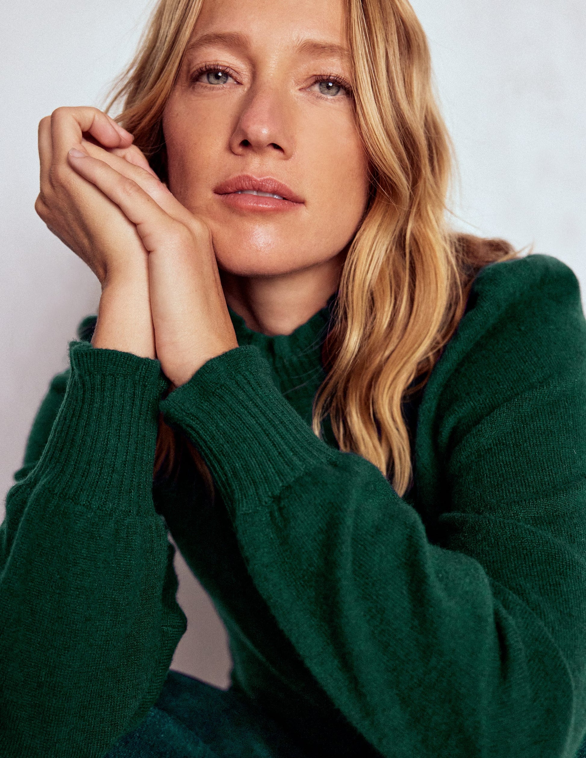 Frill Trim Cashmere Sweater-Mallard Blue-1