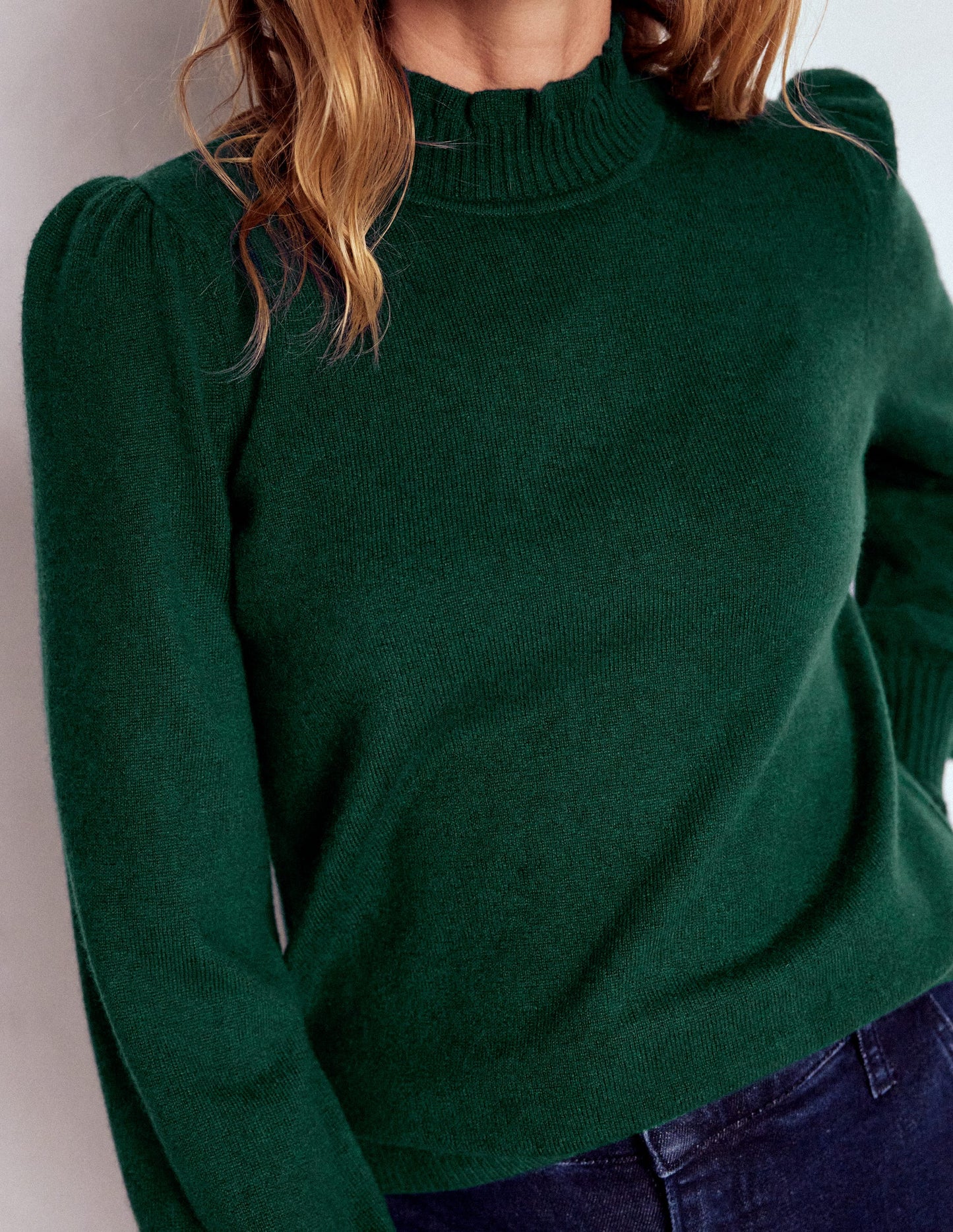 Frill Trim Cashmere Sweater-Mallard Blue