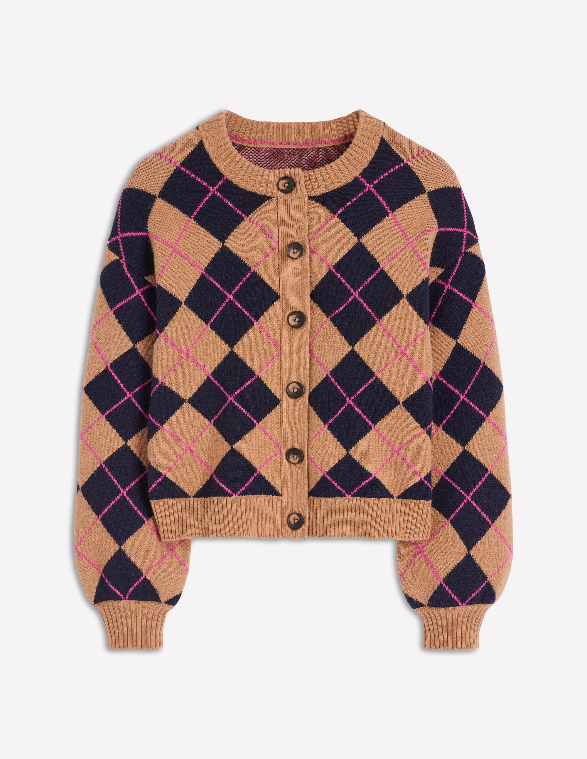Abi Jacquard Cardigan-Camel, Navy Argyle | Boden USA