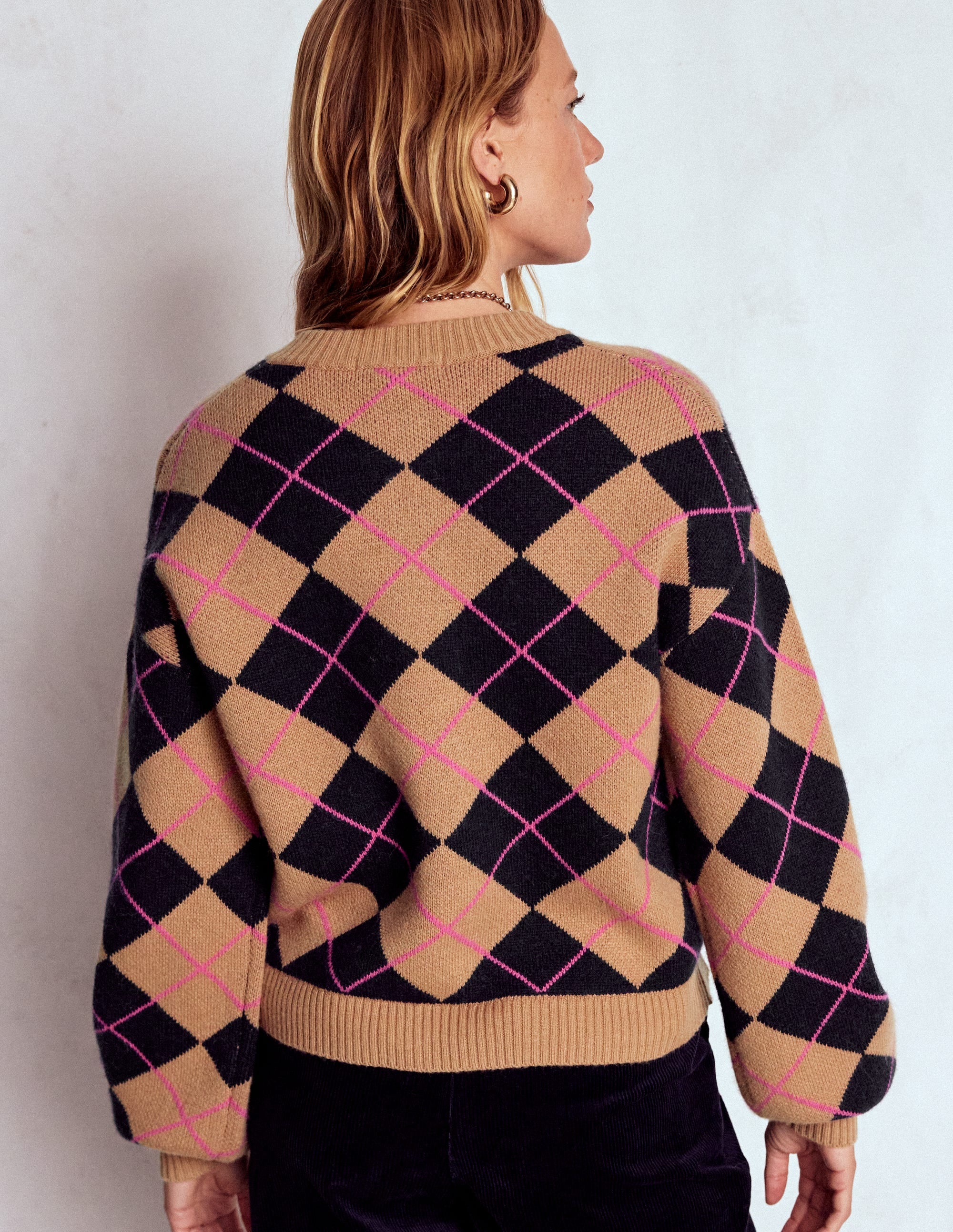 Abi Jacquard Cardigan-Camel, Navy Argyle | Boden USA