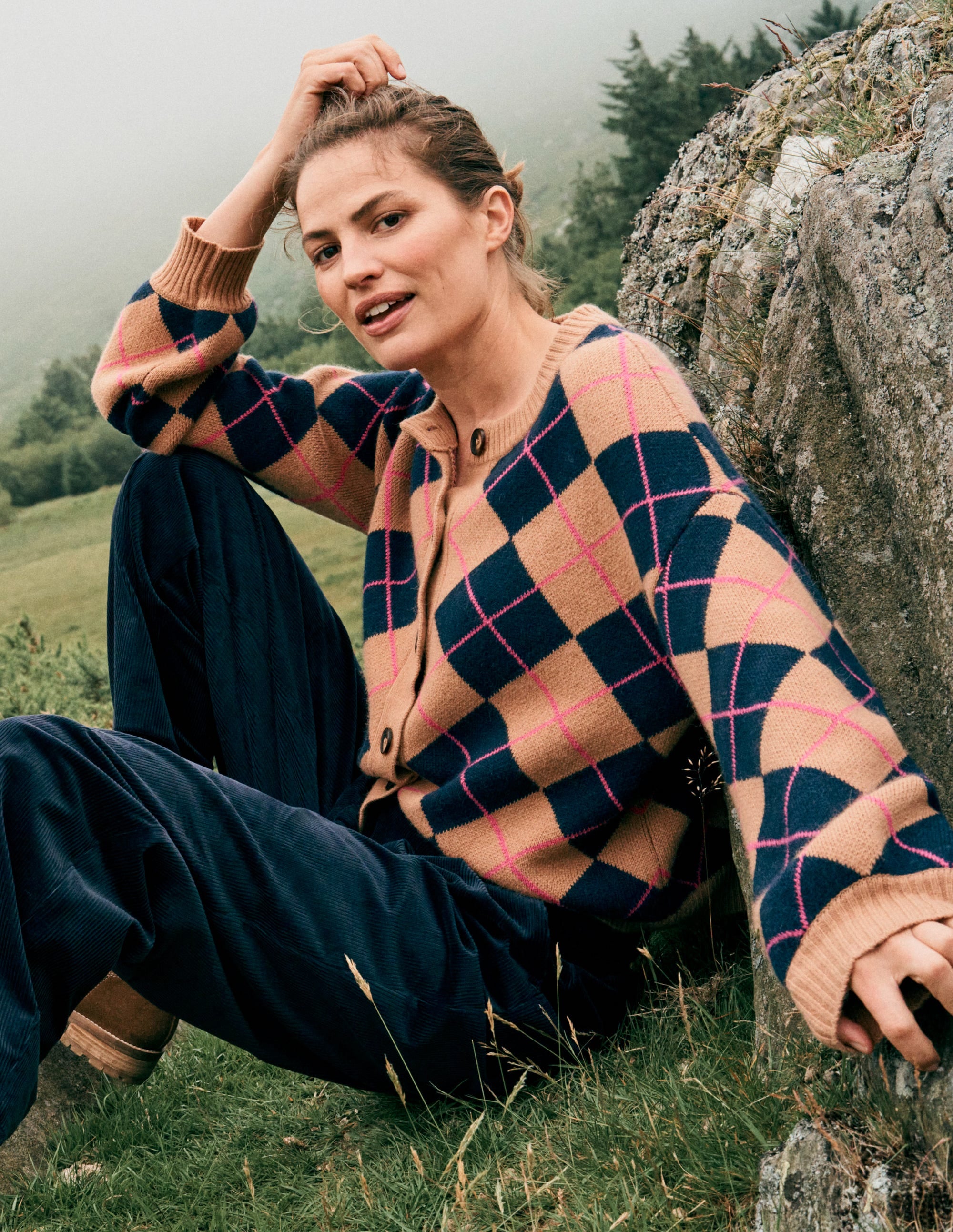 Abi Jacquard Cardigan-Camel, Navy Argyle | Boden USA