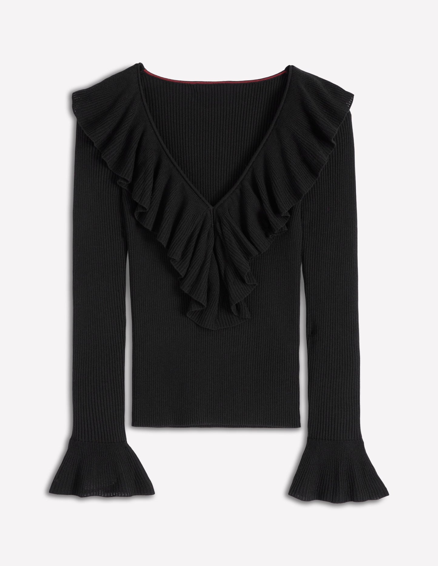 Ruffled Rib Henley Sweater-Black