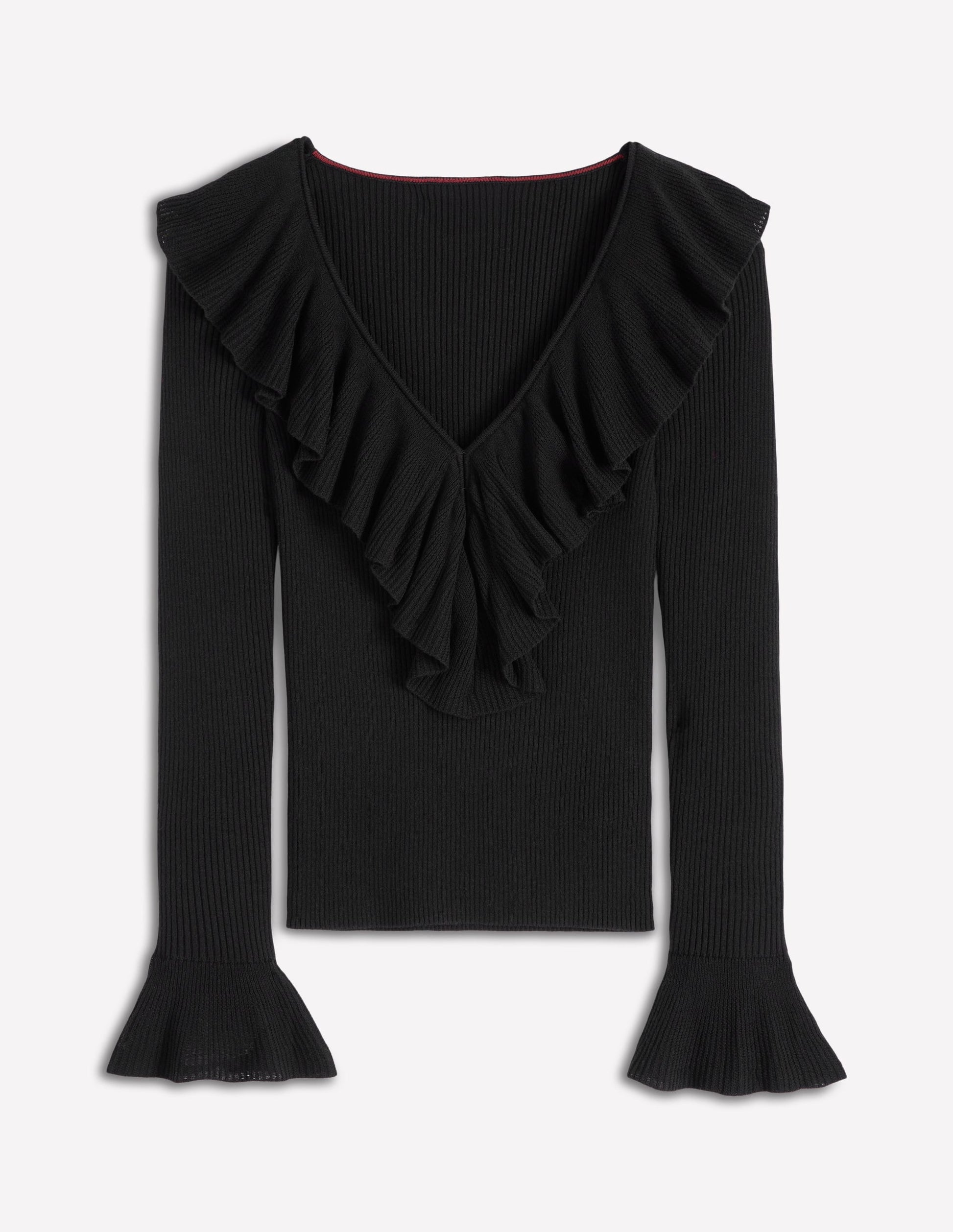 Ruffled Rib Henley Sweater-Black-5