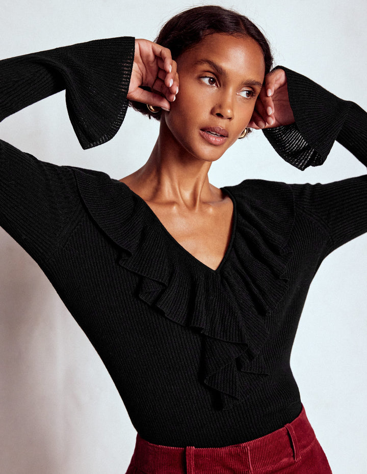 Ruffled Rib Henley Sweater-Black