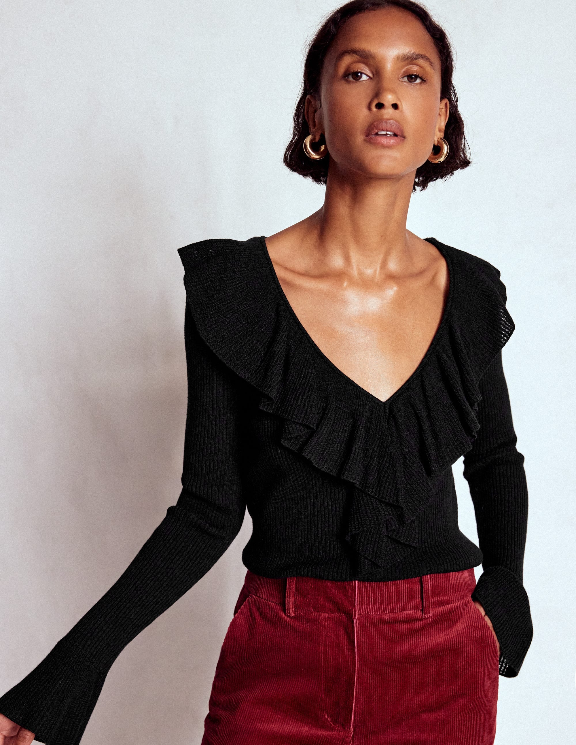 Ruffled Rib Henley Sweater-Black - Image 2