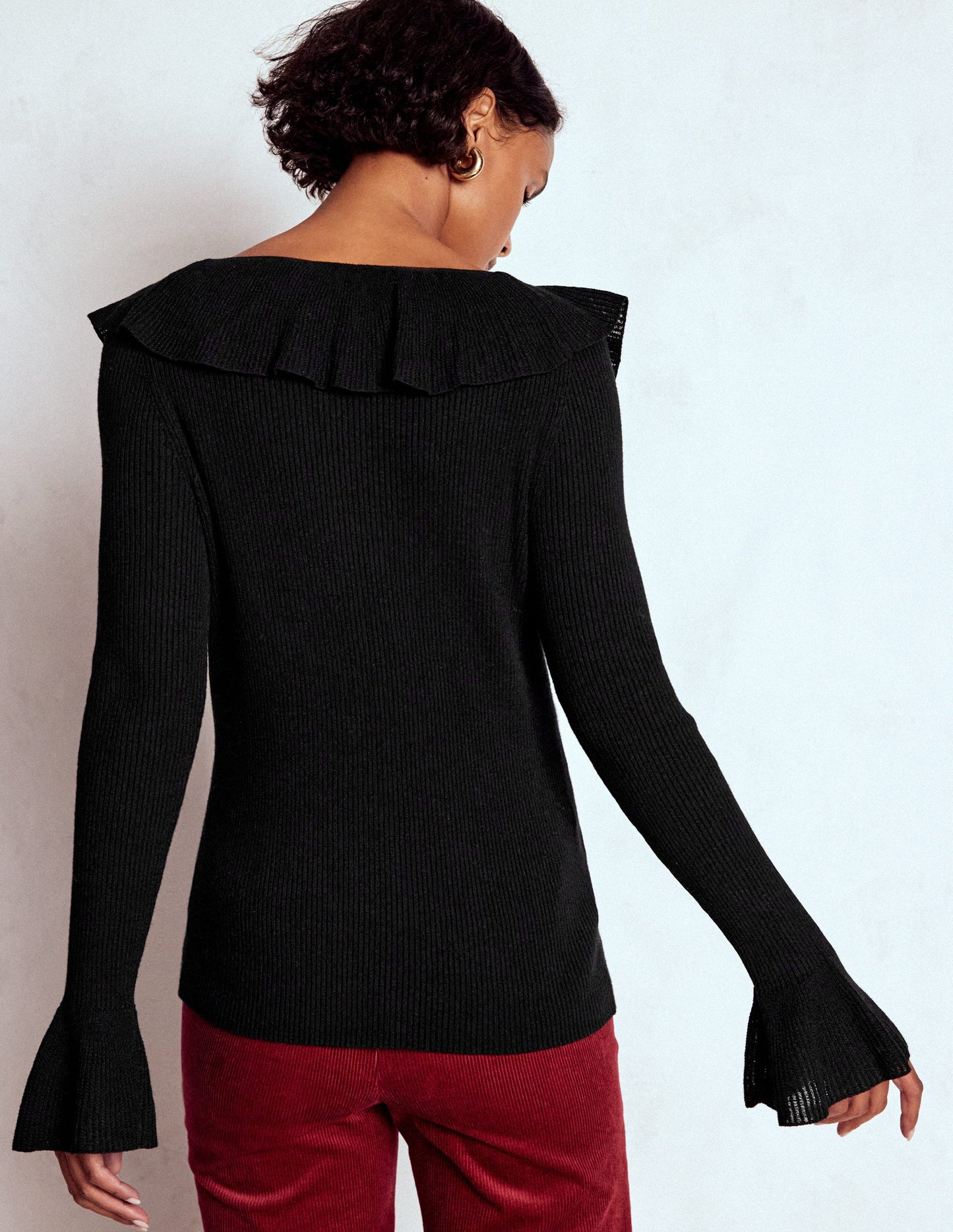Ruffled Rib Henley Sweater-Black