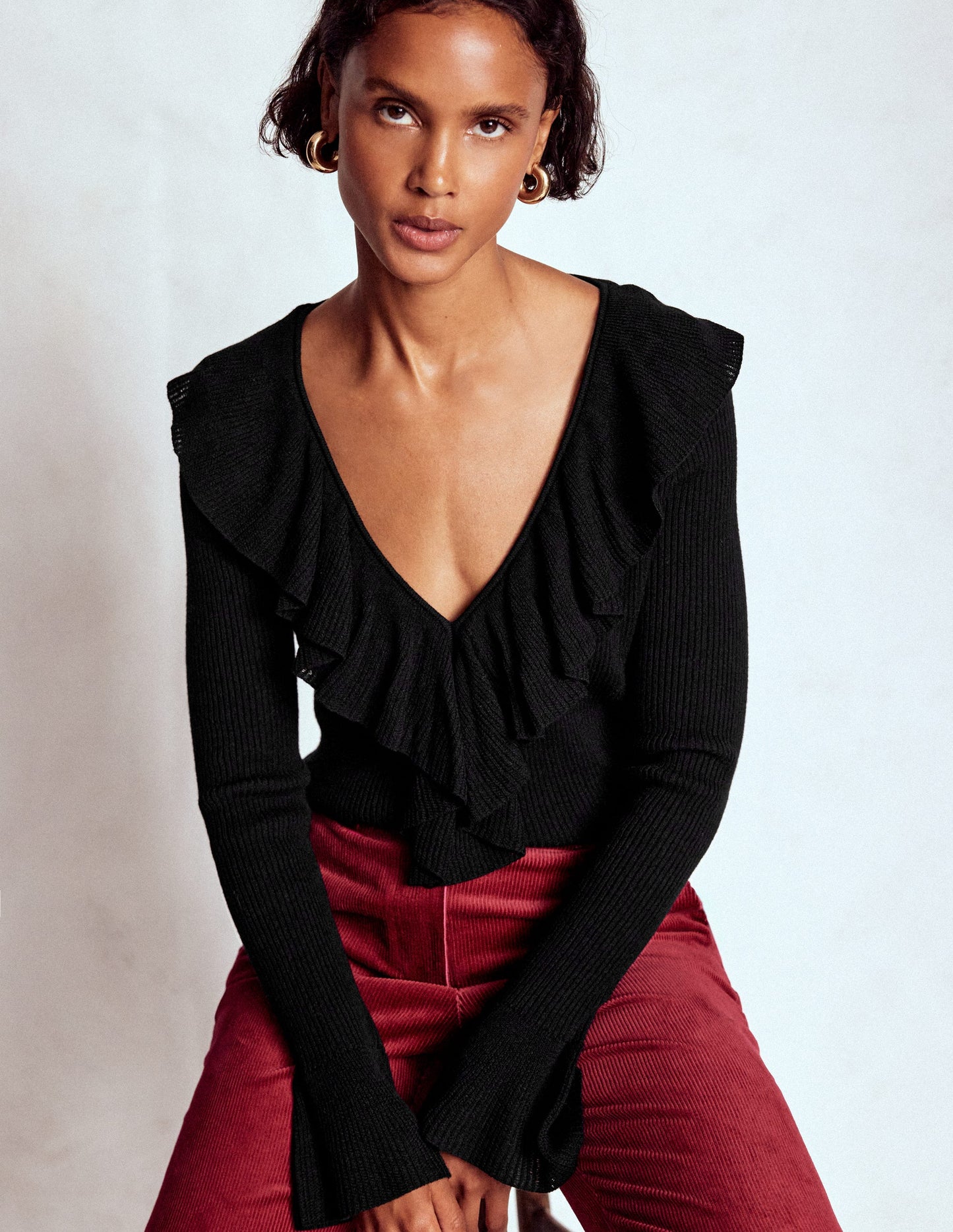 Ruffled Rib Henley Sweater-Black