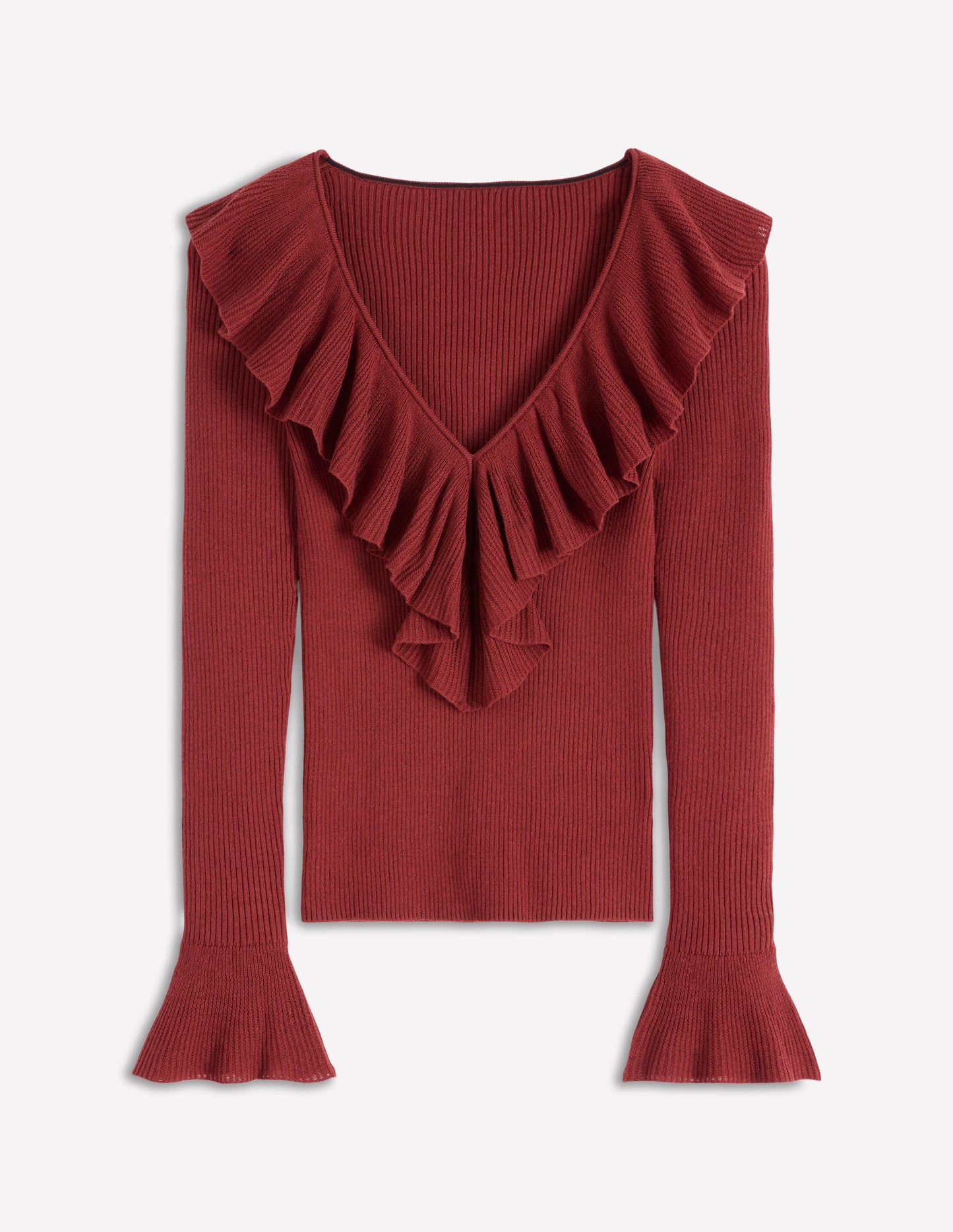 Ruffled Rib Henley Sweater-Chestnut