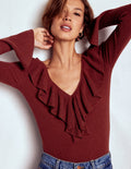 Ruffled Rib Henley Sweater-Chestnut