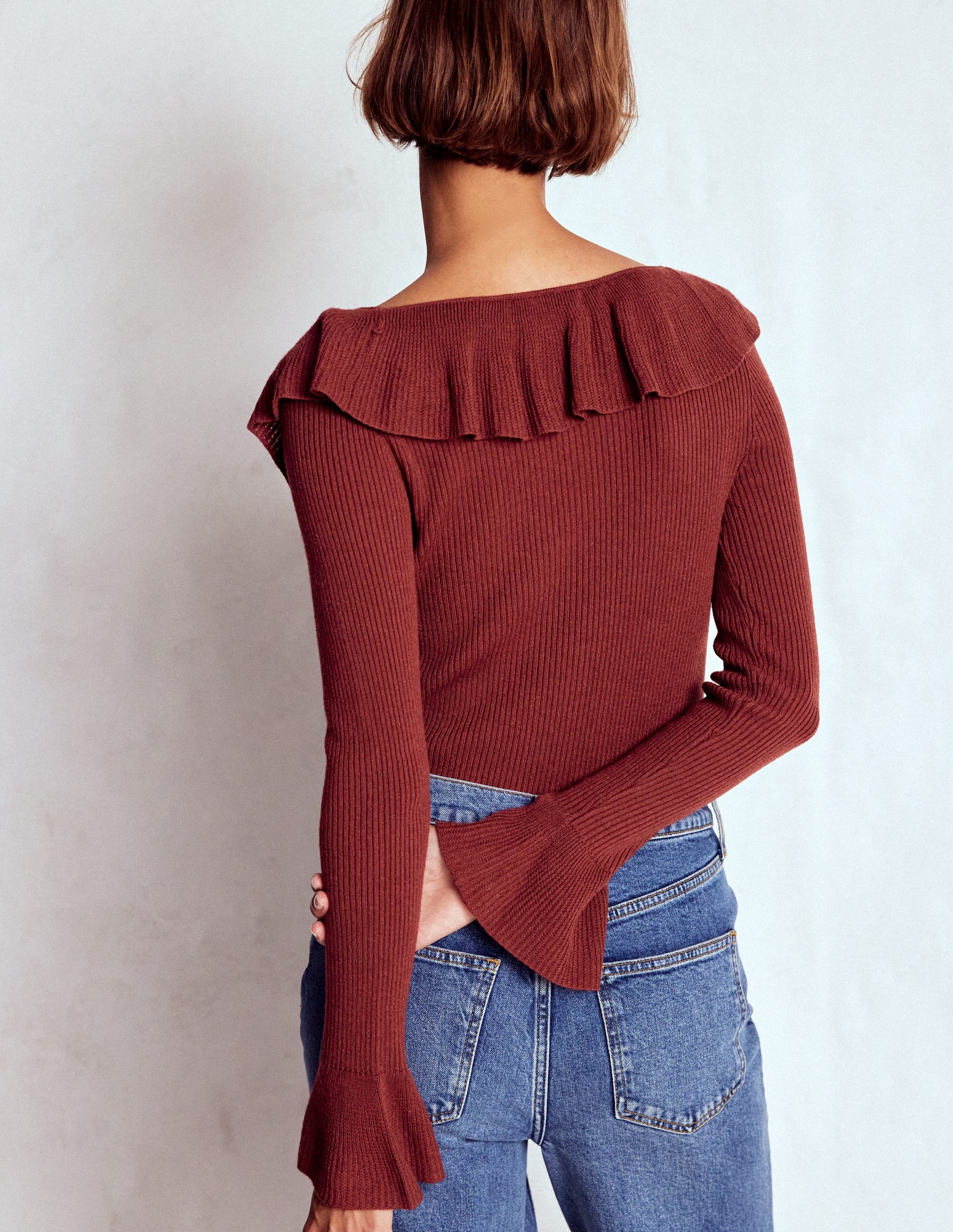 Ruffled Rib Henley Sweater-Chestnut - Image 3
