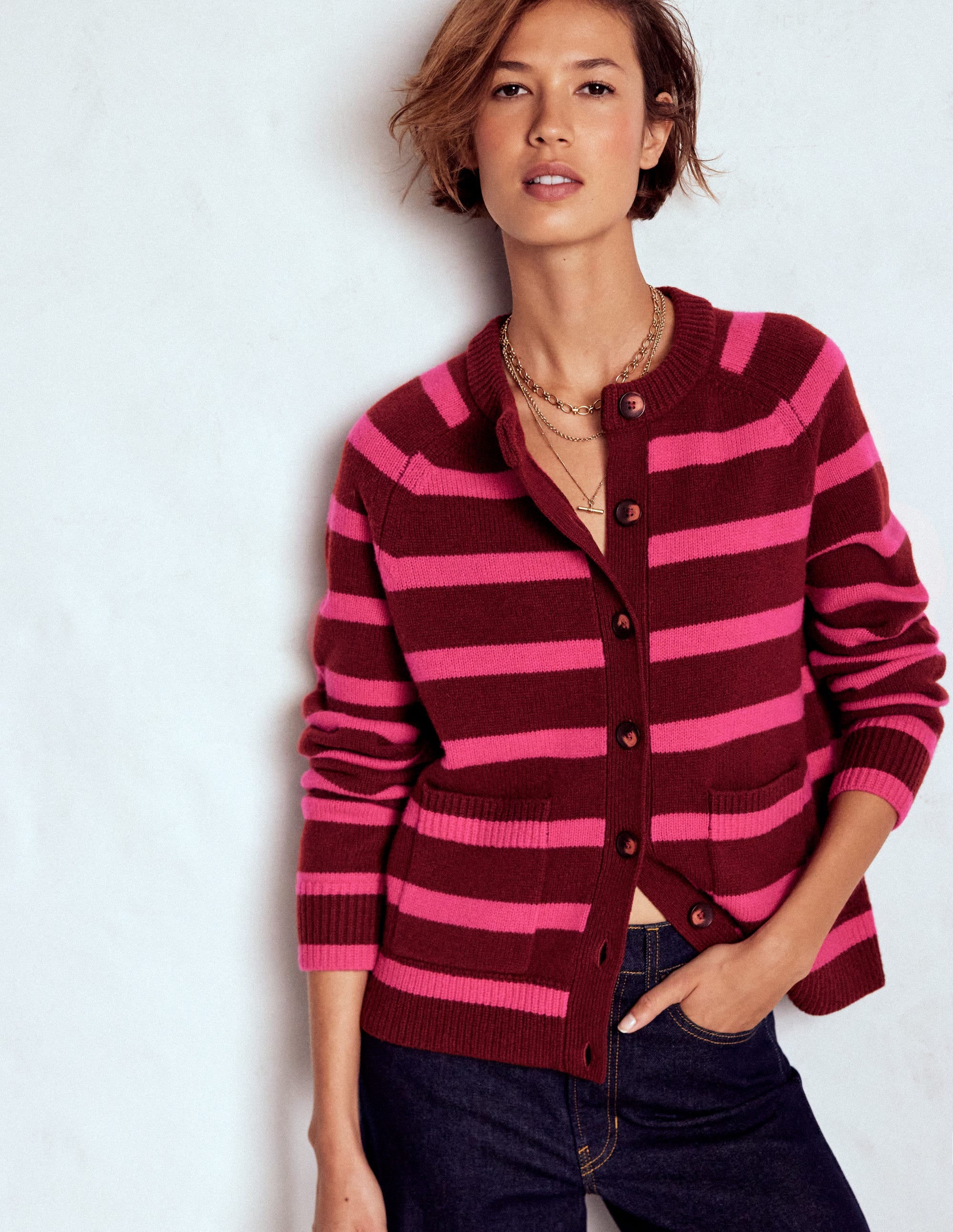 Marion Merino Cardigan-Raw Umber, Brilliant Pink - Image 1