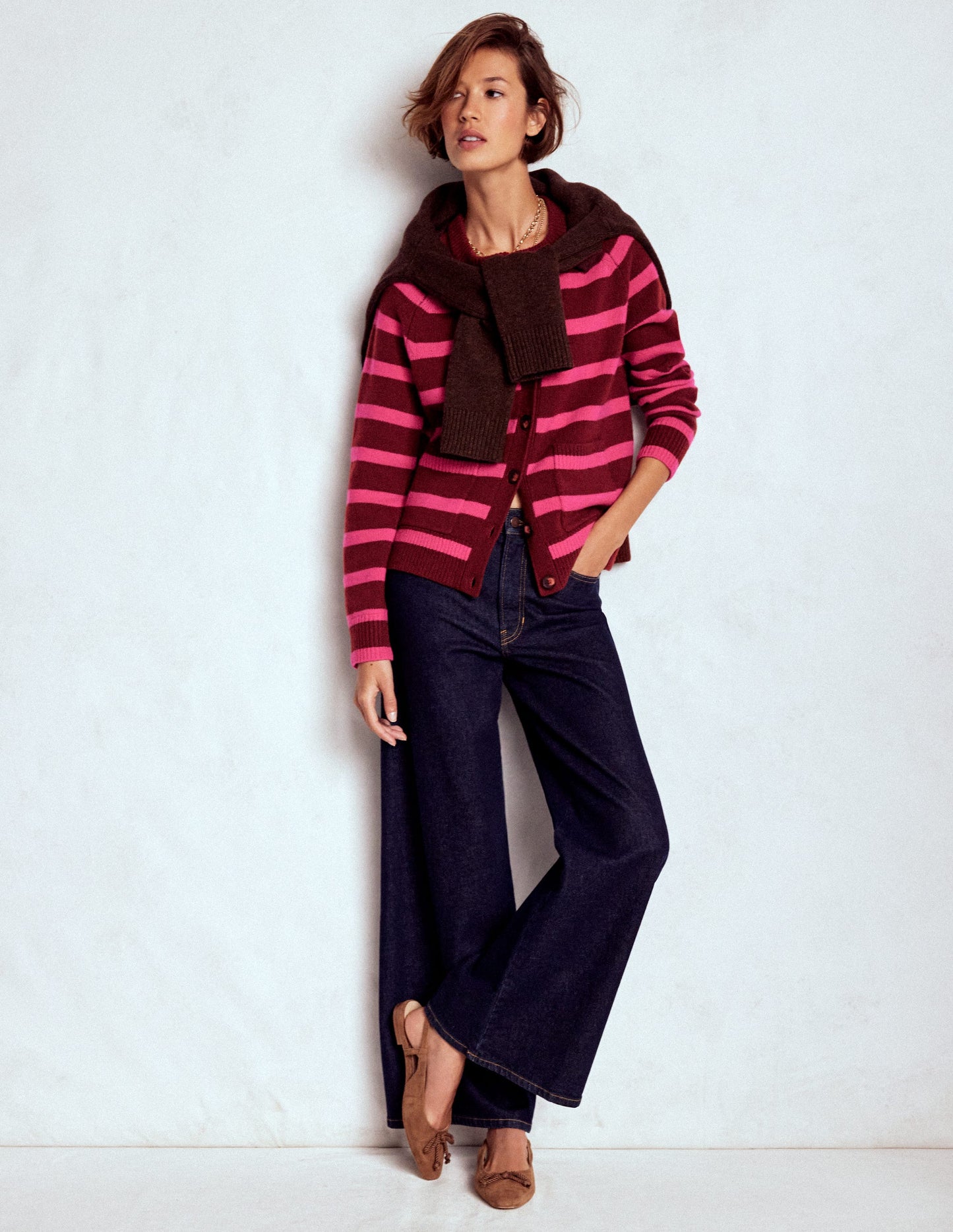 Marion Merino Cardigan-Raw Umber, Brilliant Pink