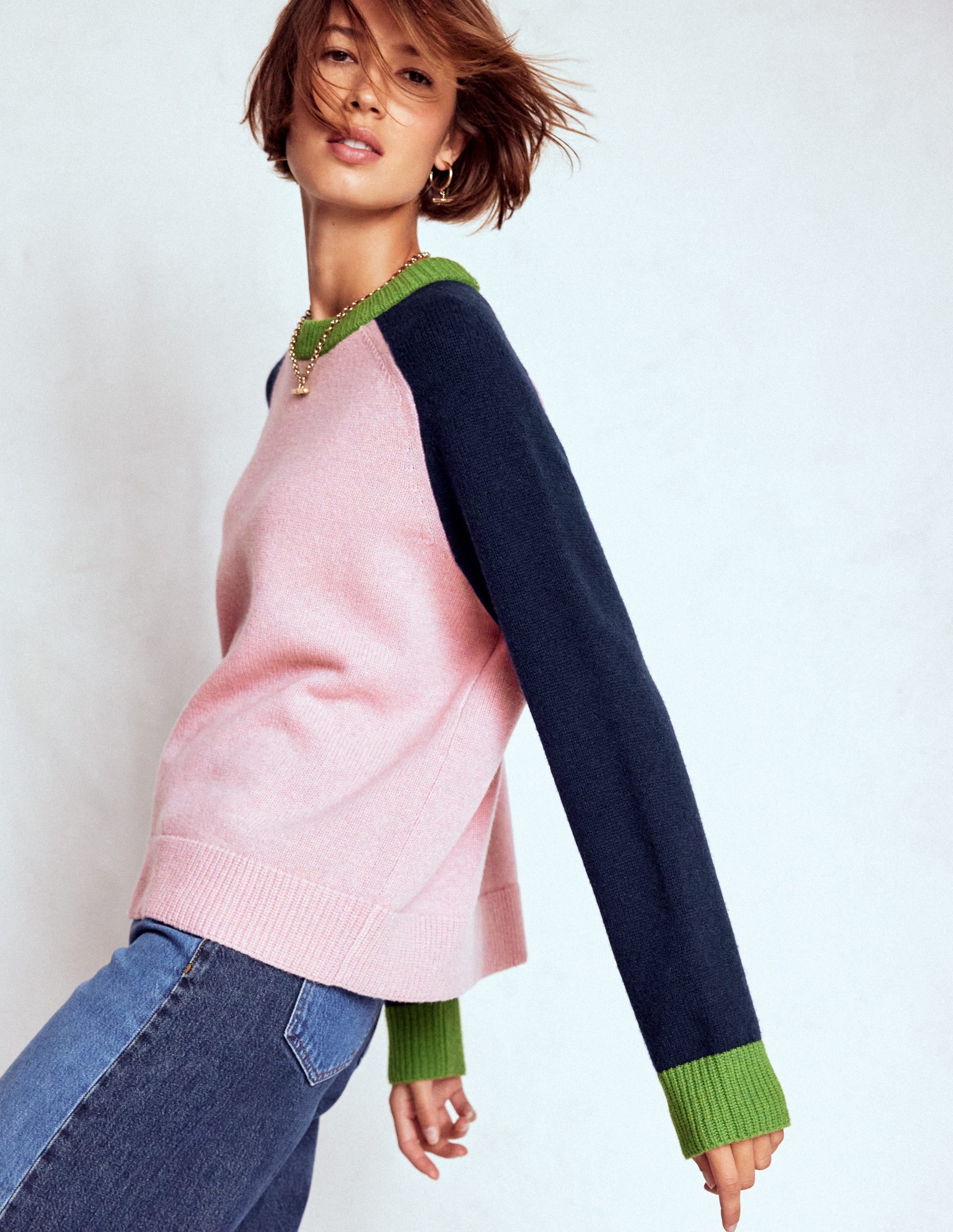 Marion Merino Sweater-French Pink, Navy Colour Block - Image 1