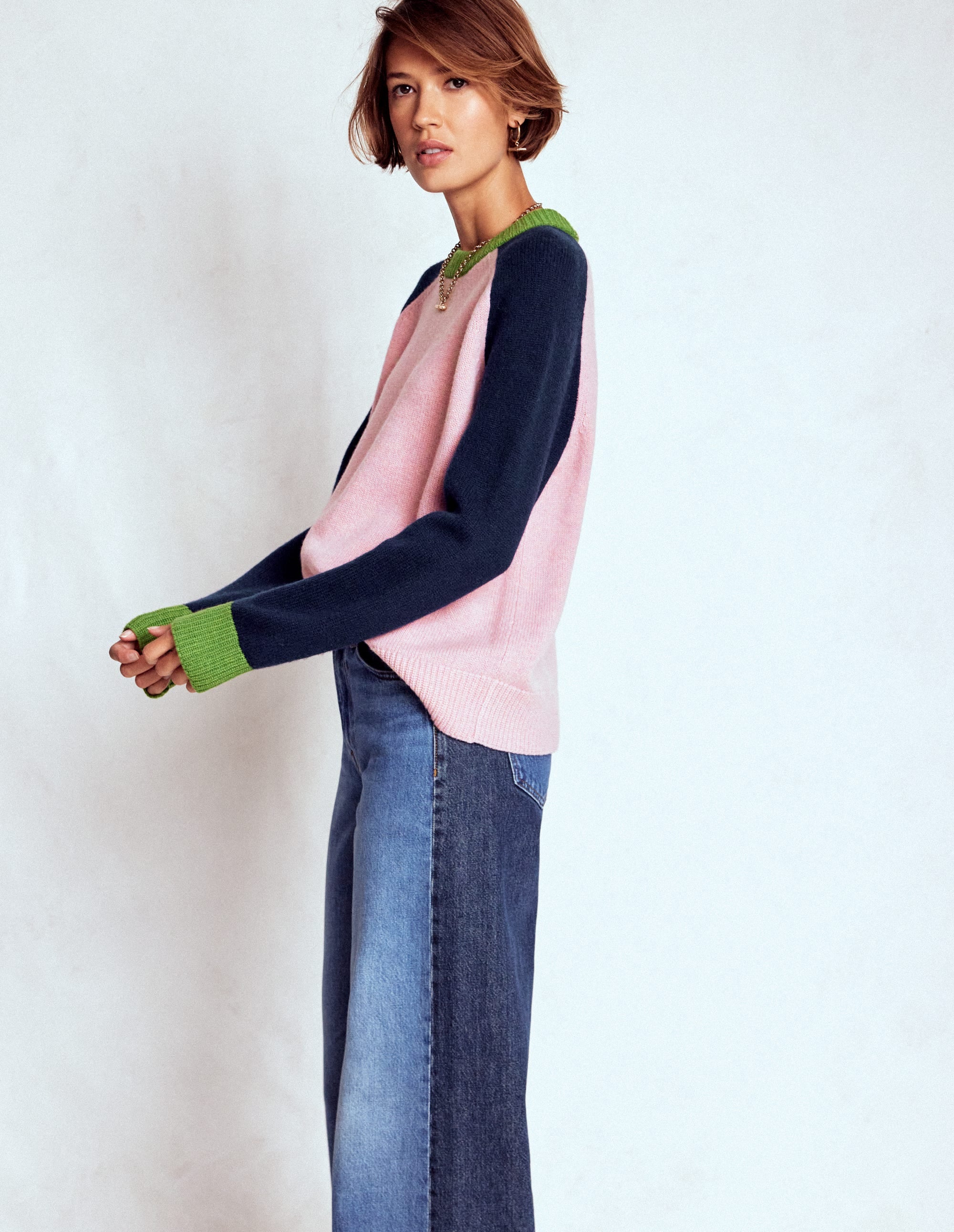 Marion Merino Sweater-French Pink, Navy Colour Block - Image 4